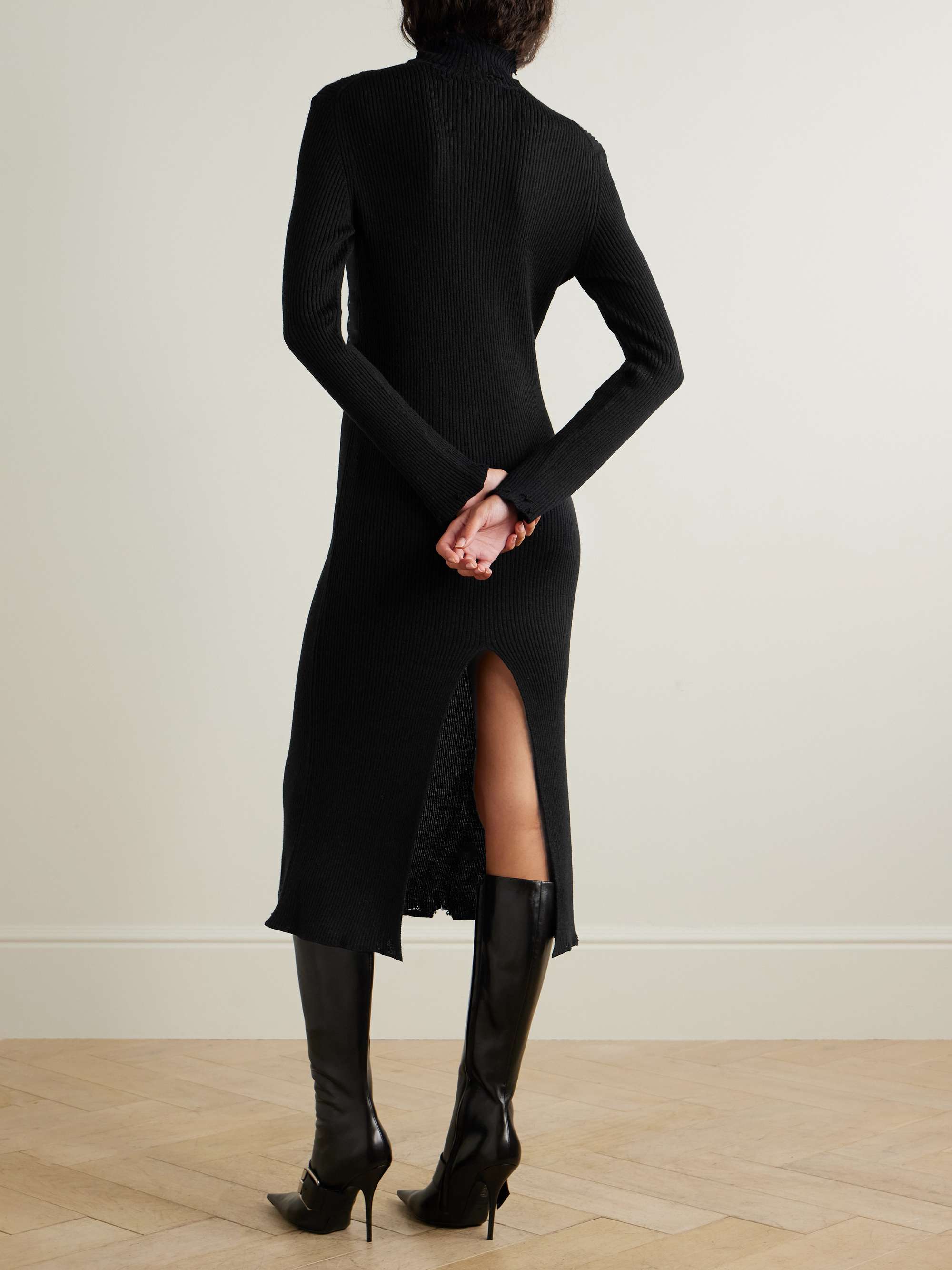 Distressed ribbed-knit turtleneck midi dress view