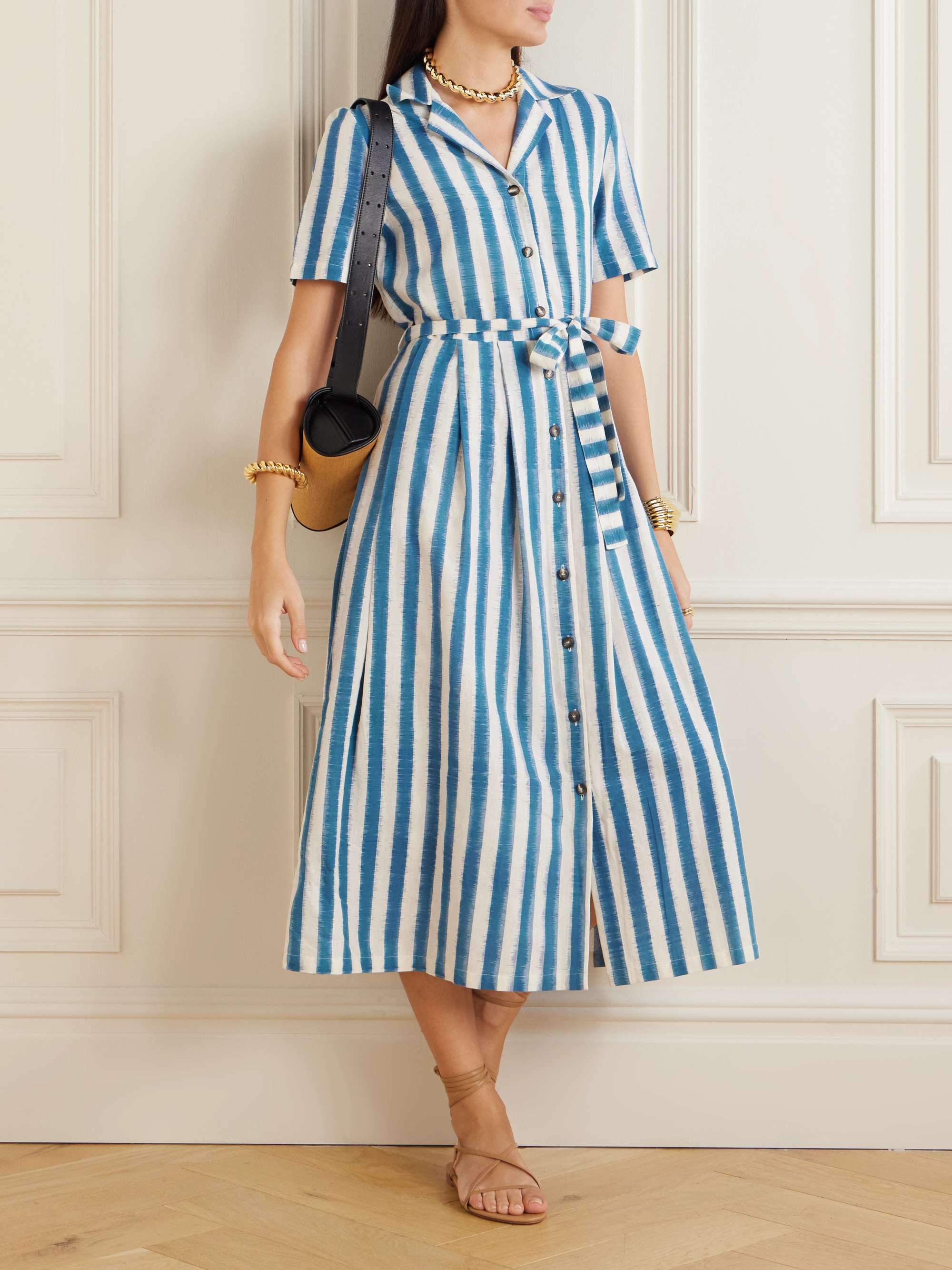 Claudia belted pleated striped cotton midi shirt dress view