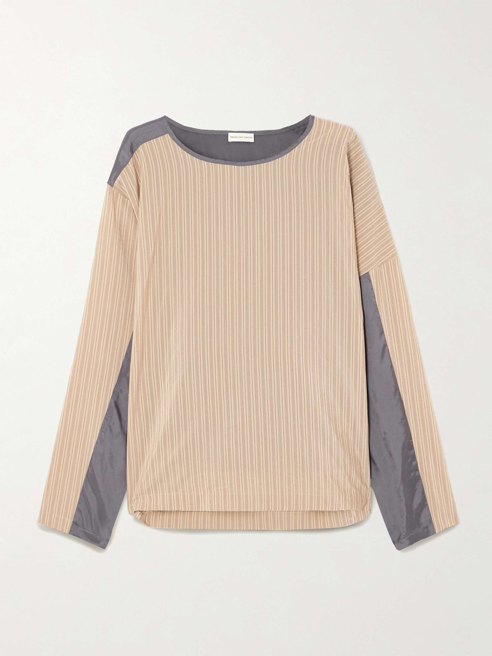 Paneled striped poplin and satin top view