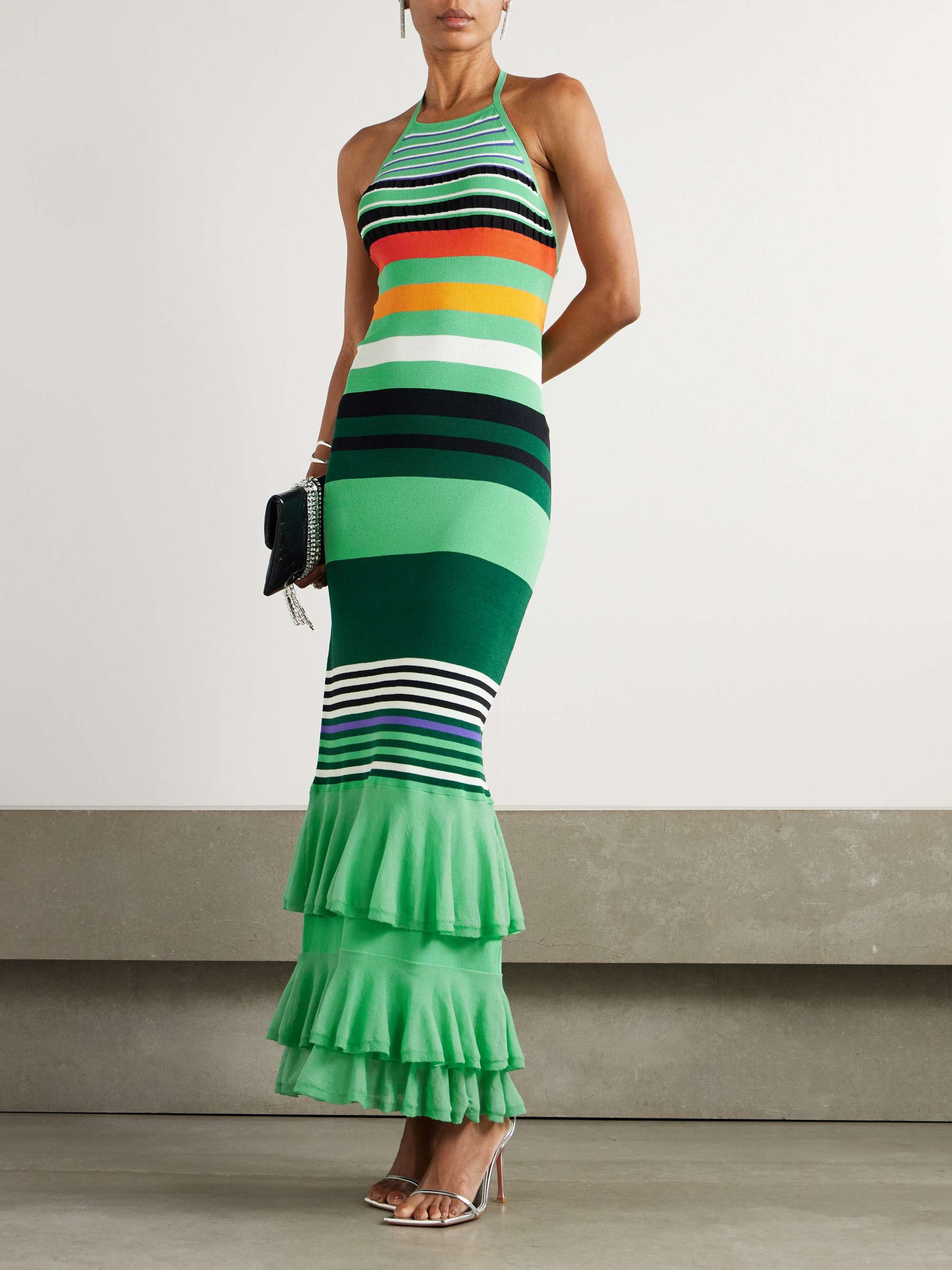 Ruffled striped stretch-knit halterneck maxi dress view