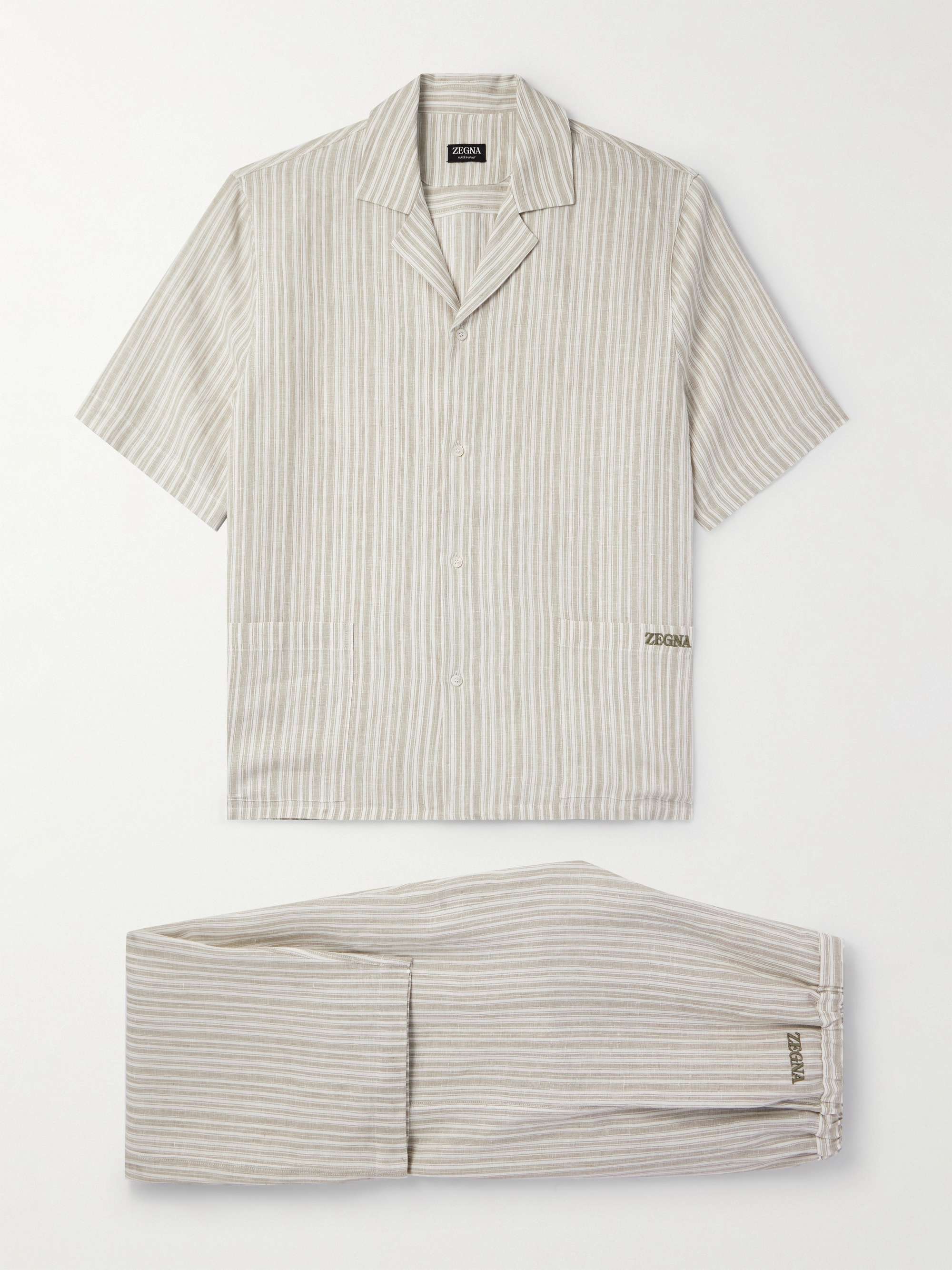 Logo-Embroidered Striped Linen Pyjama Set view