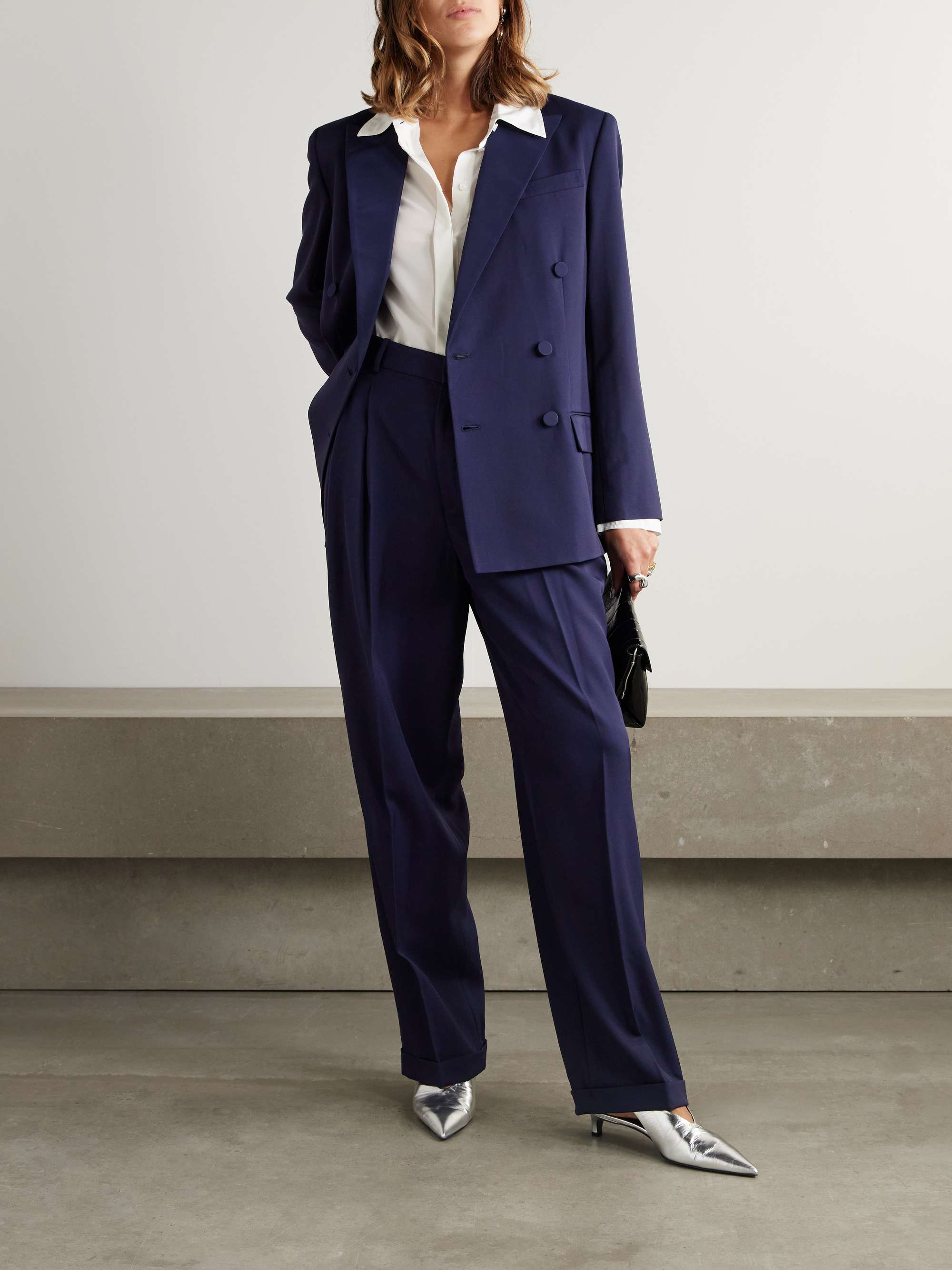 Pleated silk satin-trimmed wool wide-leg pants view