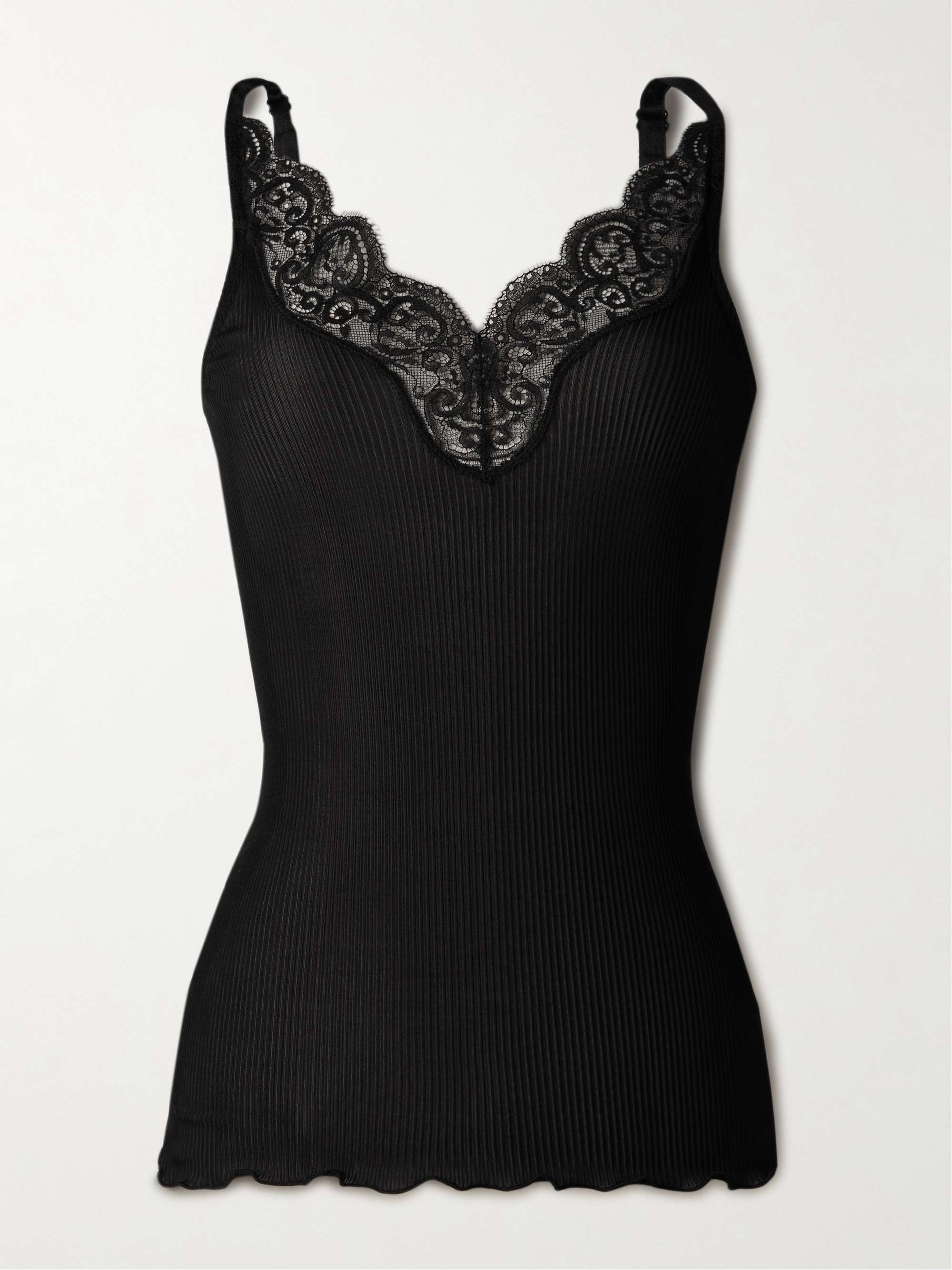 Lace-trimmed ribbed silk-jersey tank top view