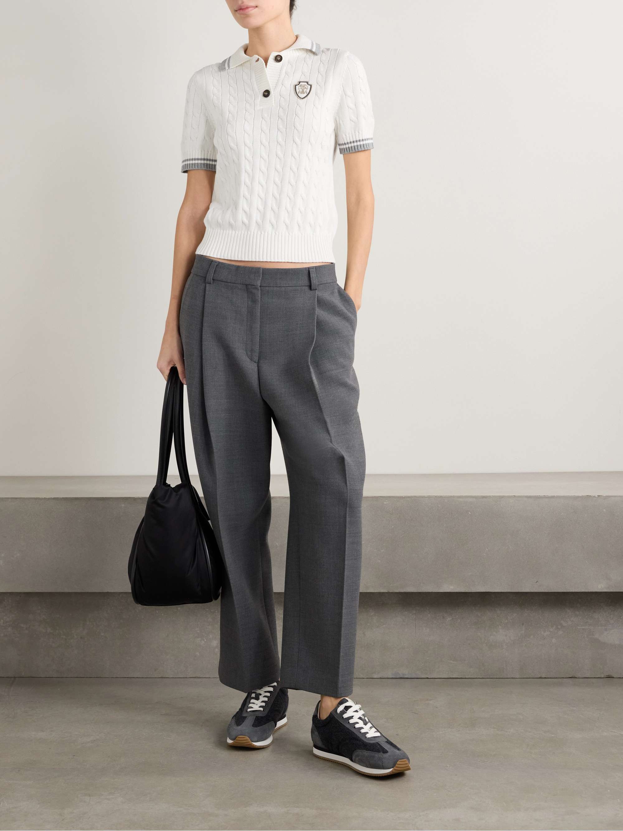 Appliquéd cable-knit cotton polo sweater view