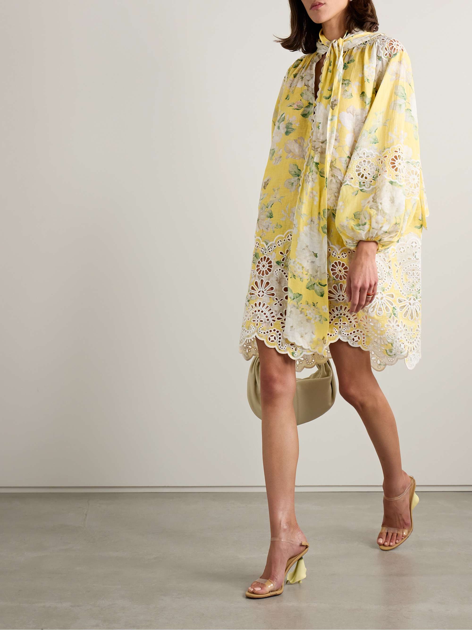 Acacia tie-neck broderie anglaise-trimmed floral-print linen mini dress view