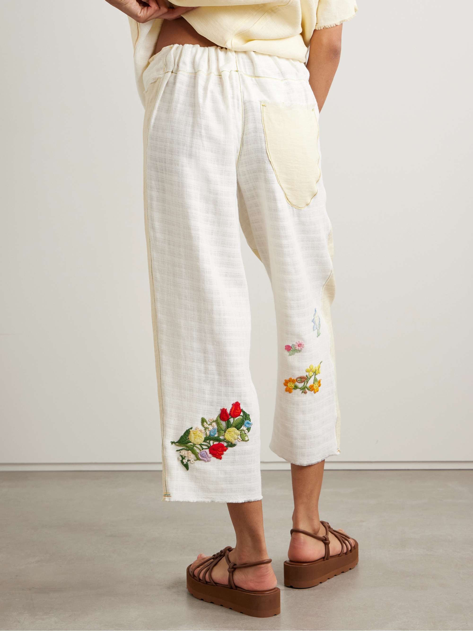Cropped paneled appliquéd linen wide-leg pants view