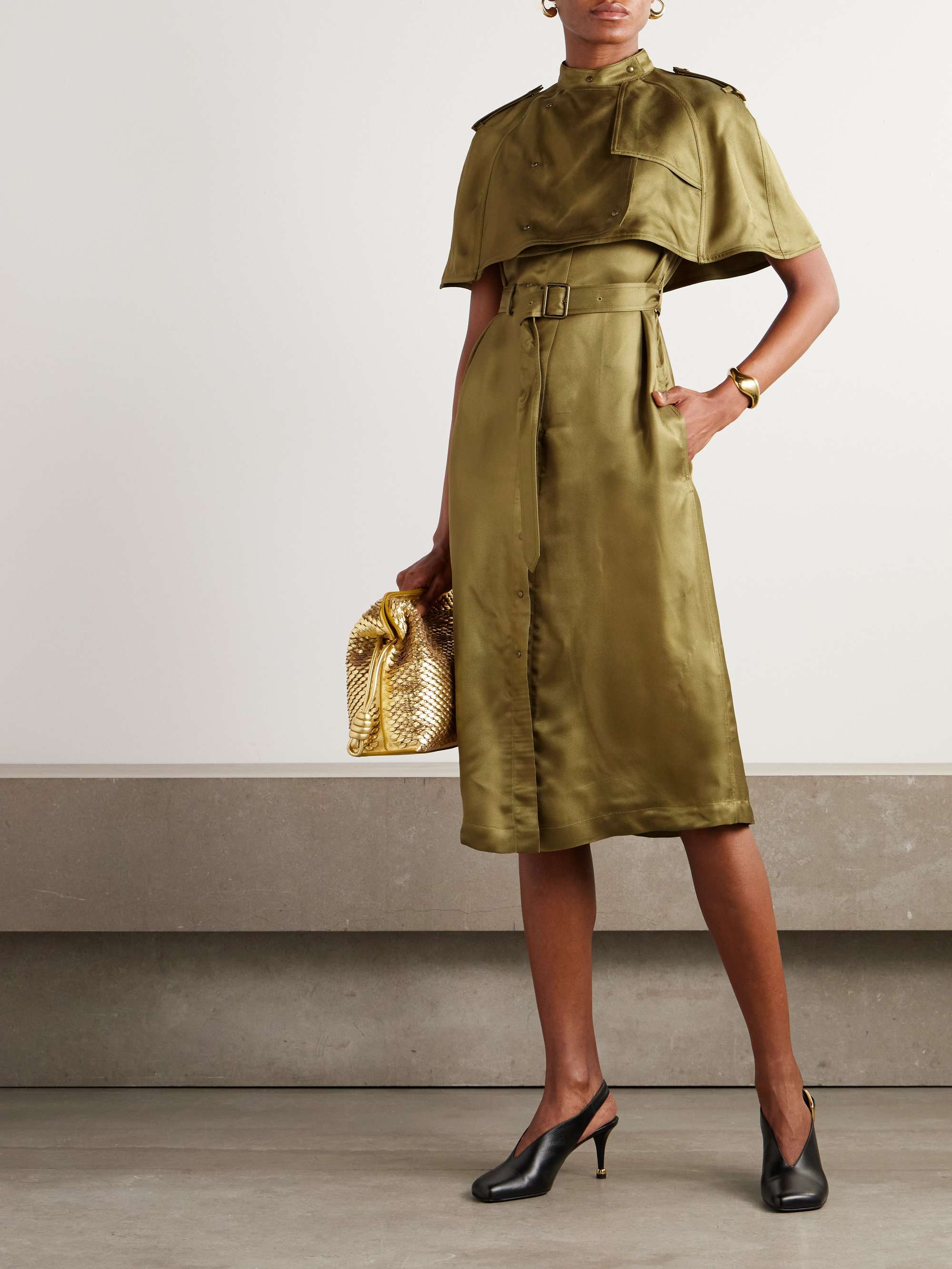 Layered belted satin-twill midi dress view