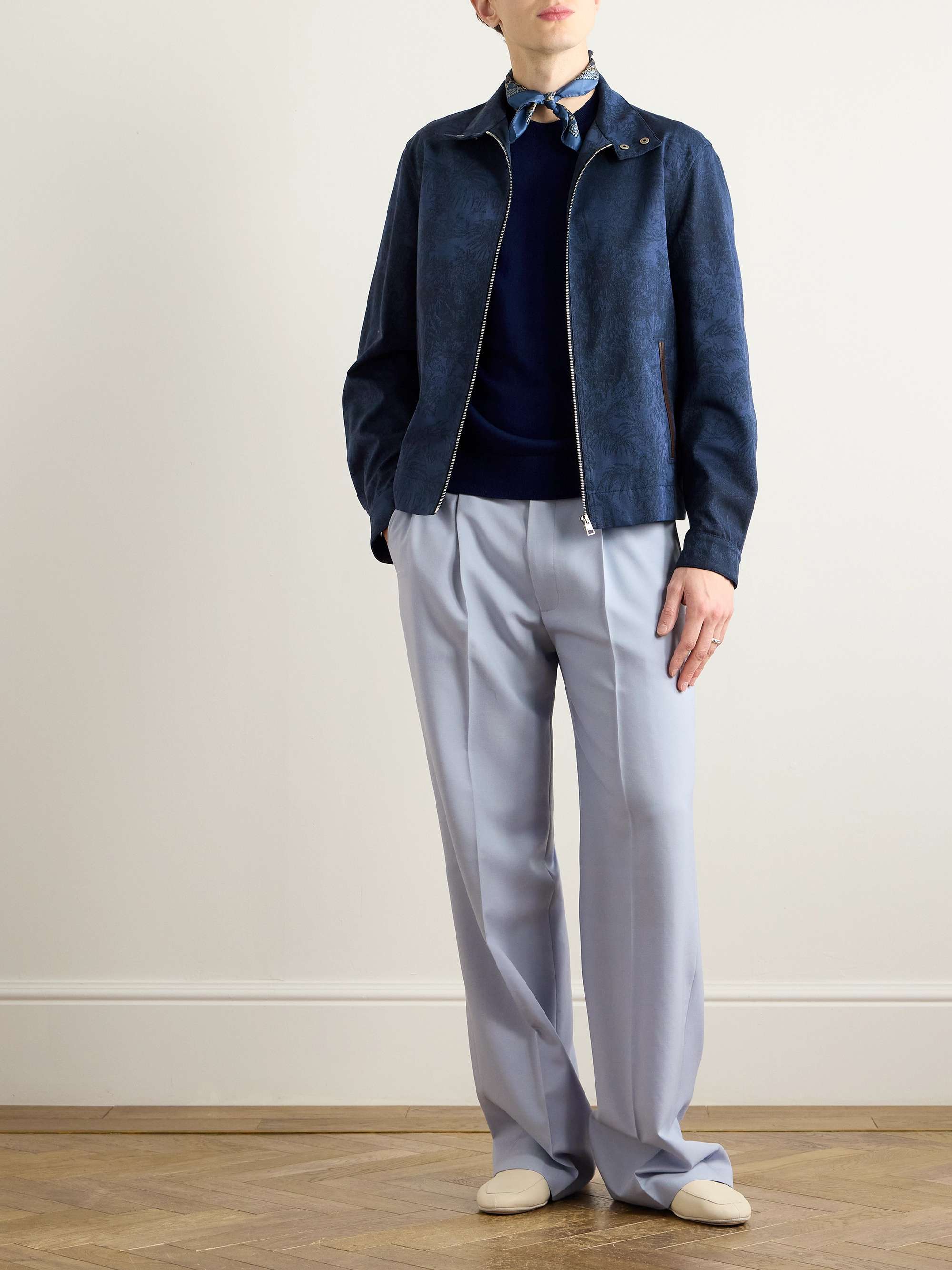Leather-Trimmed Cotton and Wool-Blend Jacquard Bomber Jacket view