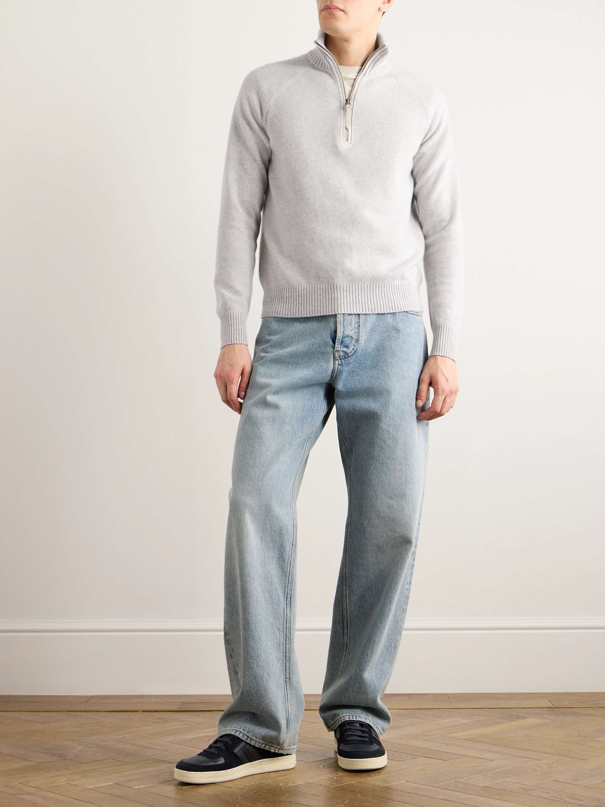 Slim-Fit Leather-Trimmed Wool and Cashmere-Blend Half-Zip Sweater view