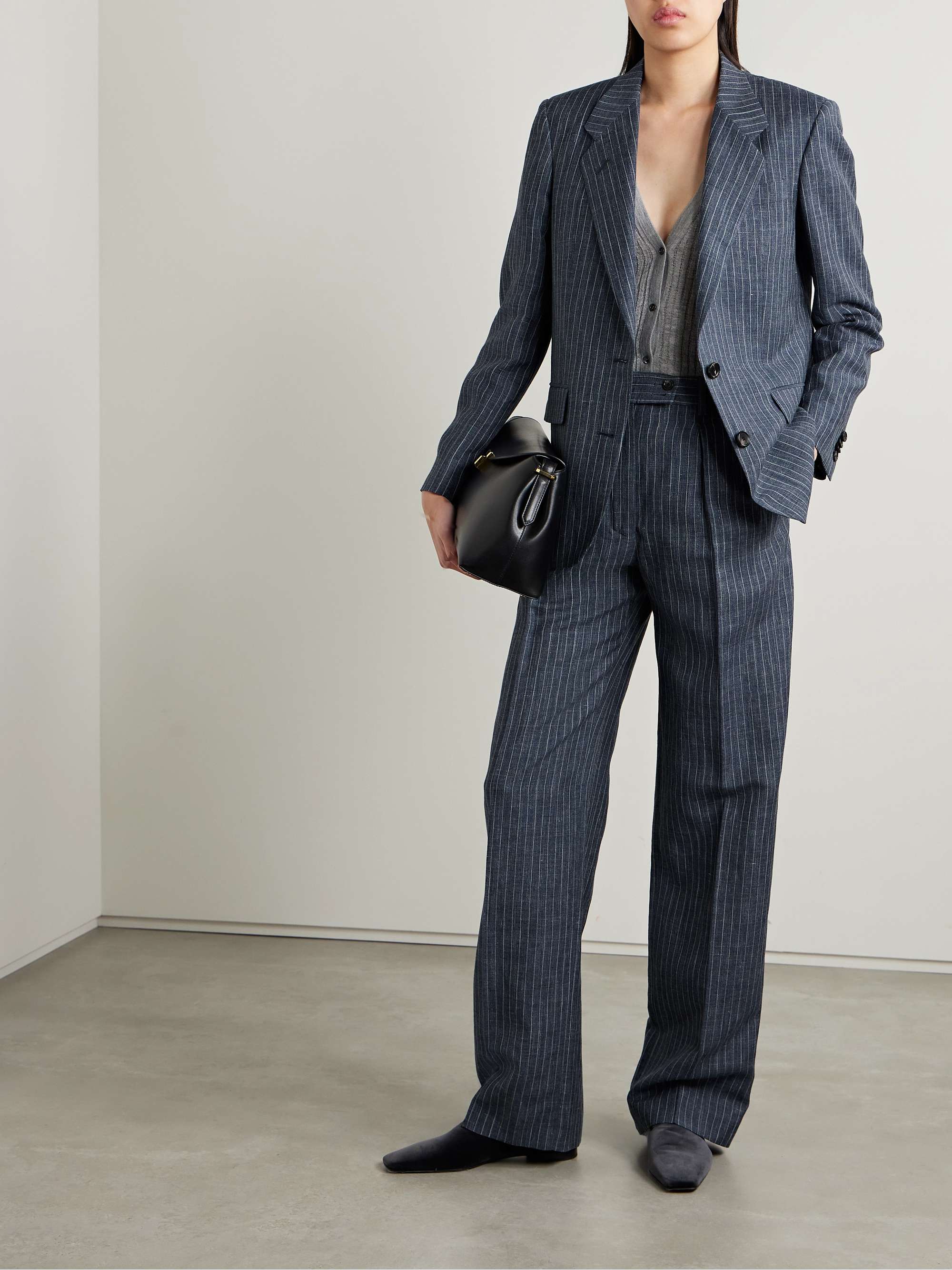Pinstriped linen, wool and silk-blend blazer view