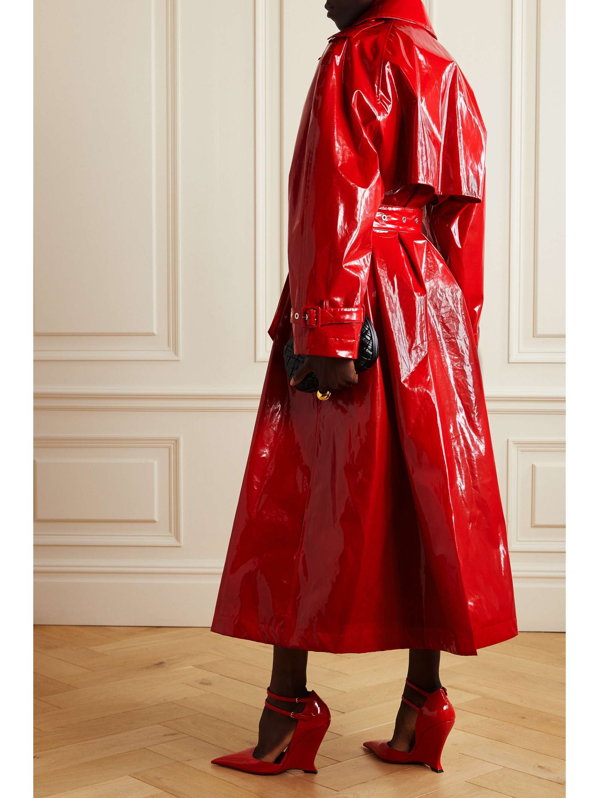 Double-breasted patent faux leather coat view