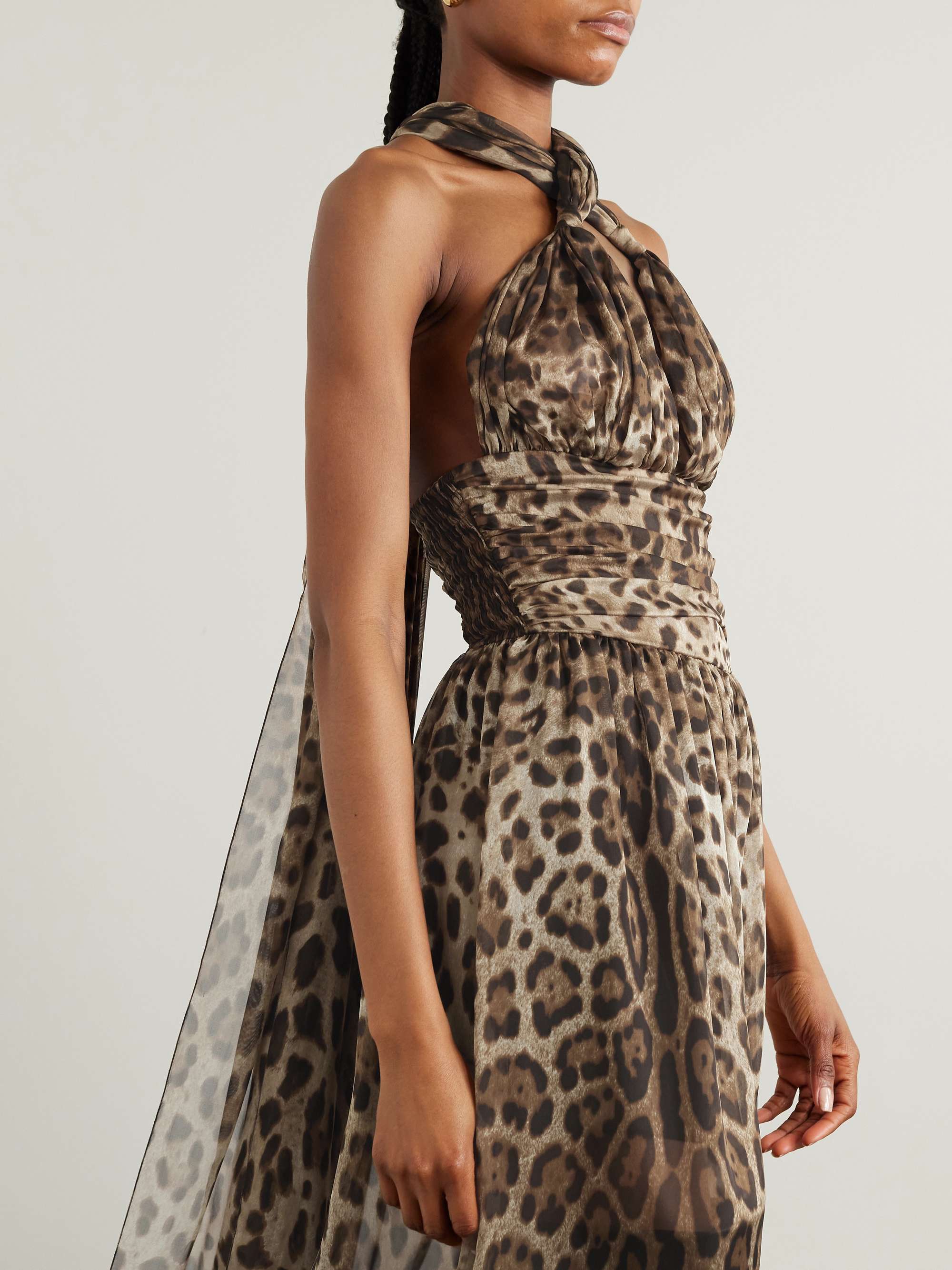 Scarf-detailed smocked leopard-print silk-chiffon gown view