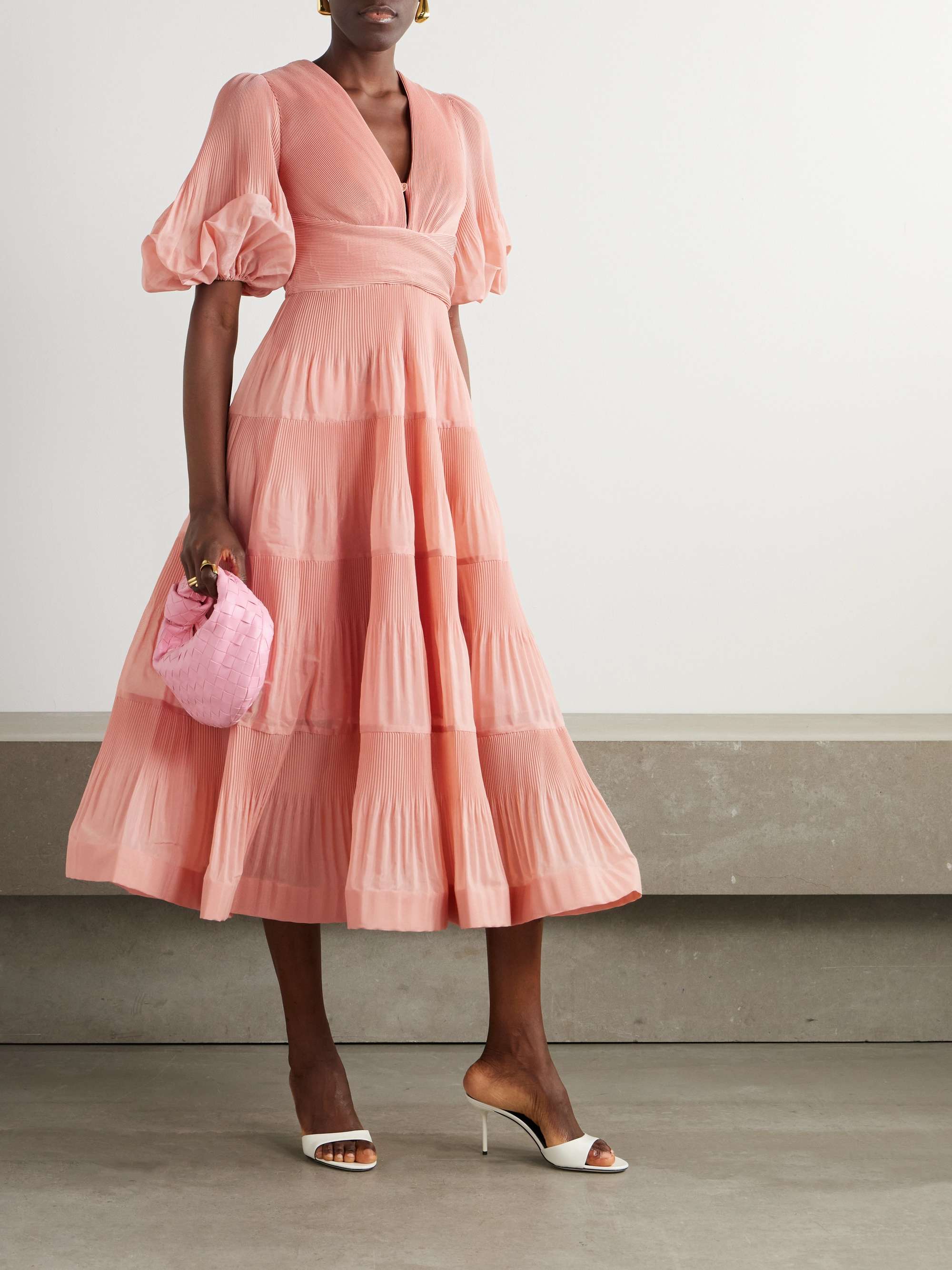Tiered plissé-taffeta midi dress view