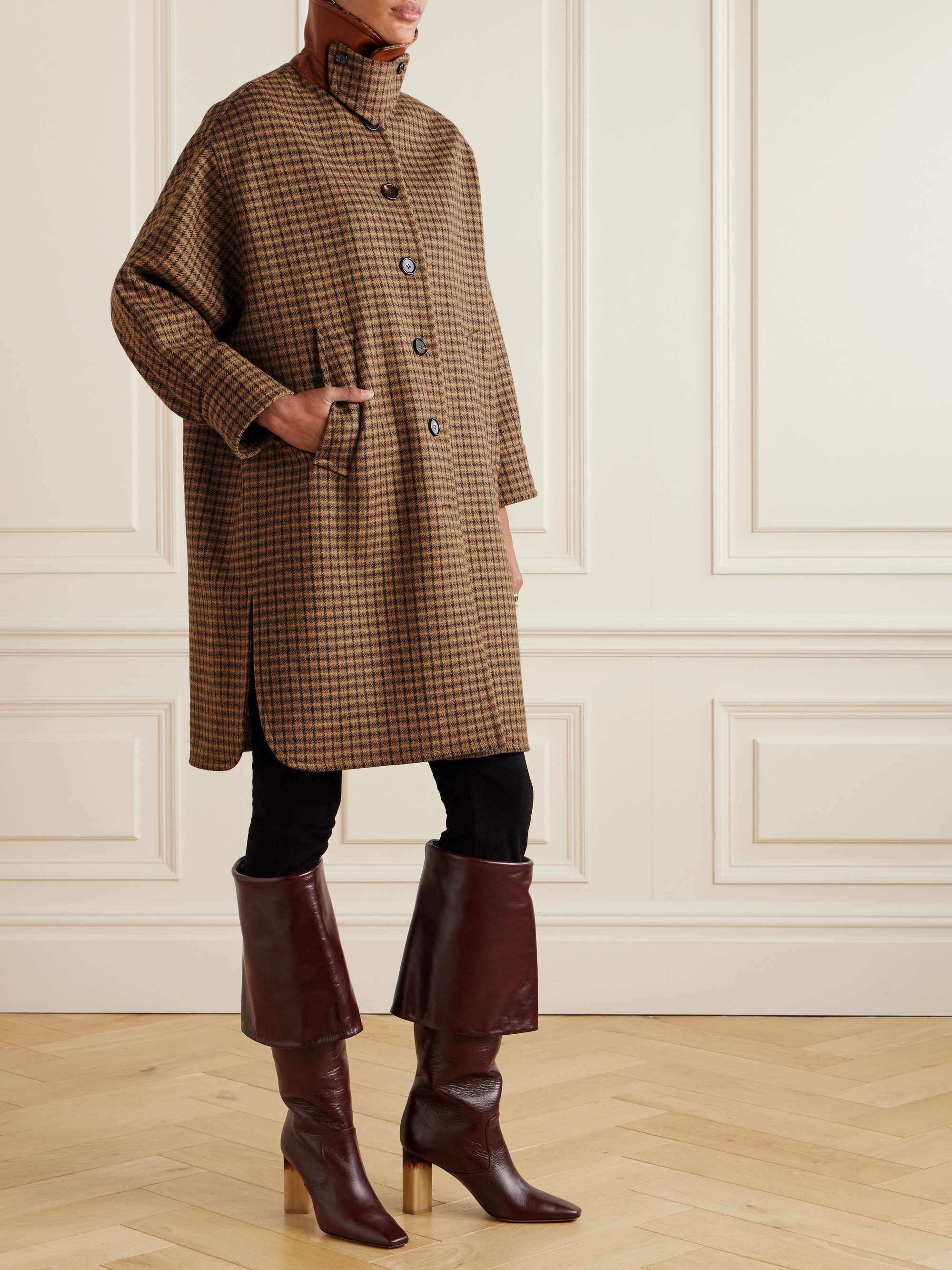 Oversized leather-trimmed checked wool coat view