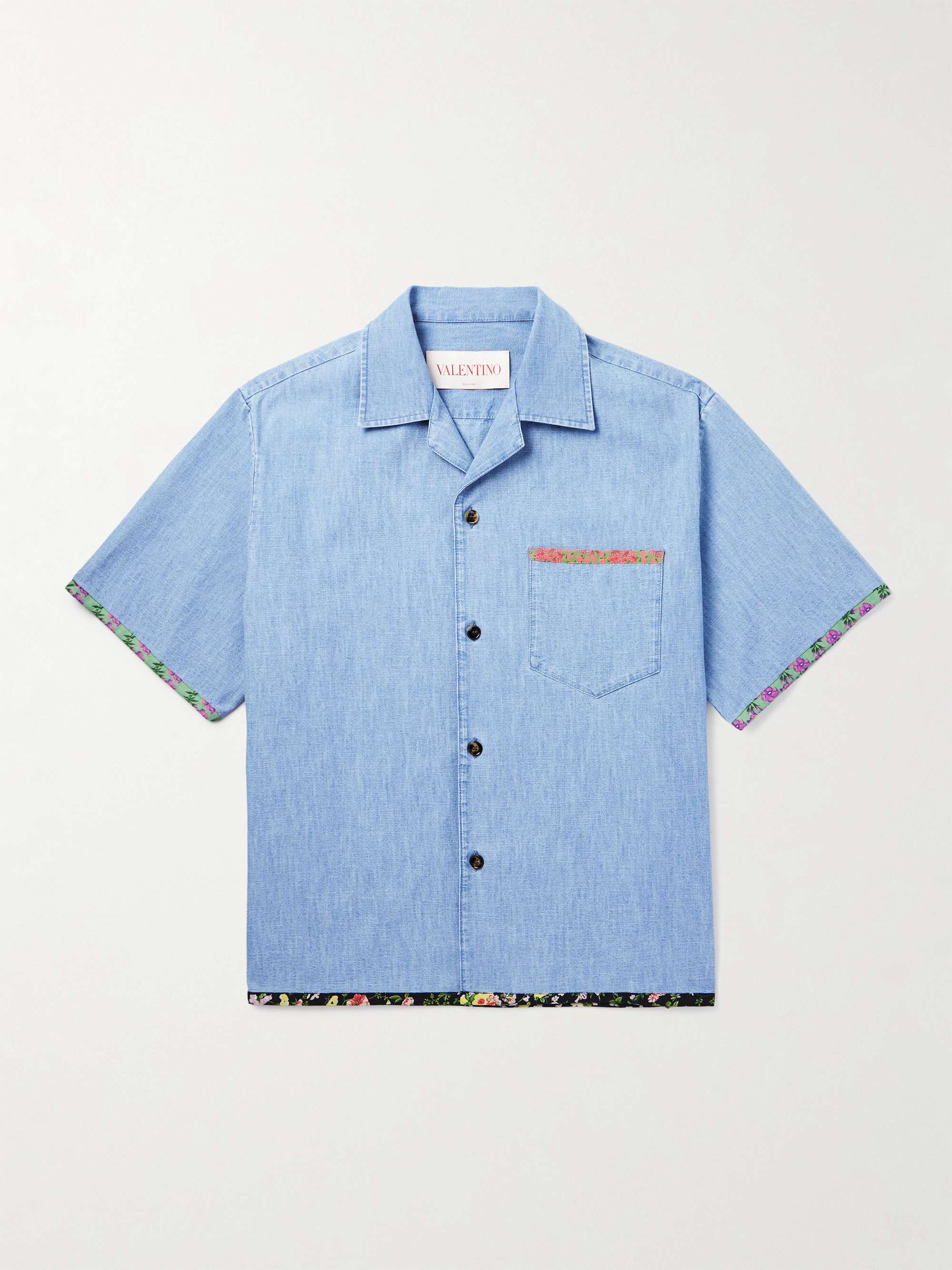 Camp-Collar Floral-Trimmed Denim Shirt view
