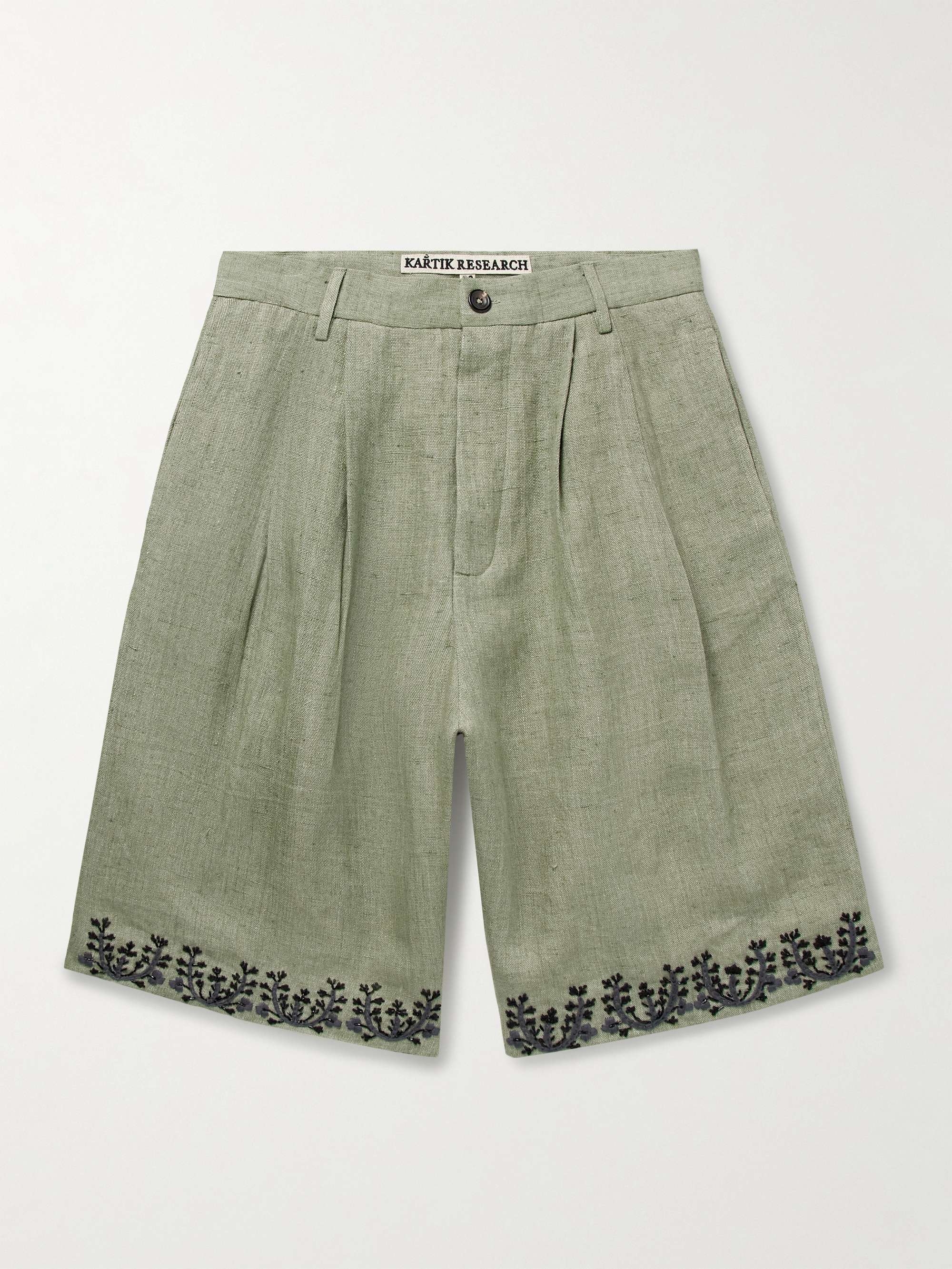 Wide-Leg Pleated Embellished Embroidered Cotton Shorts view