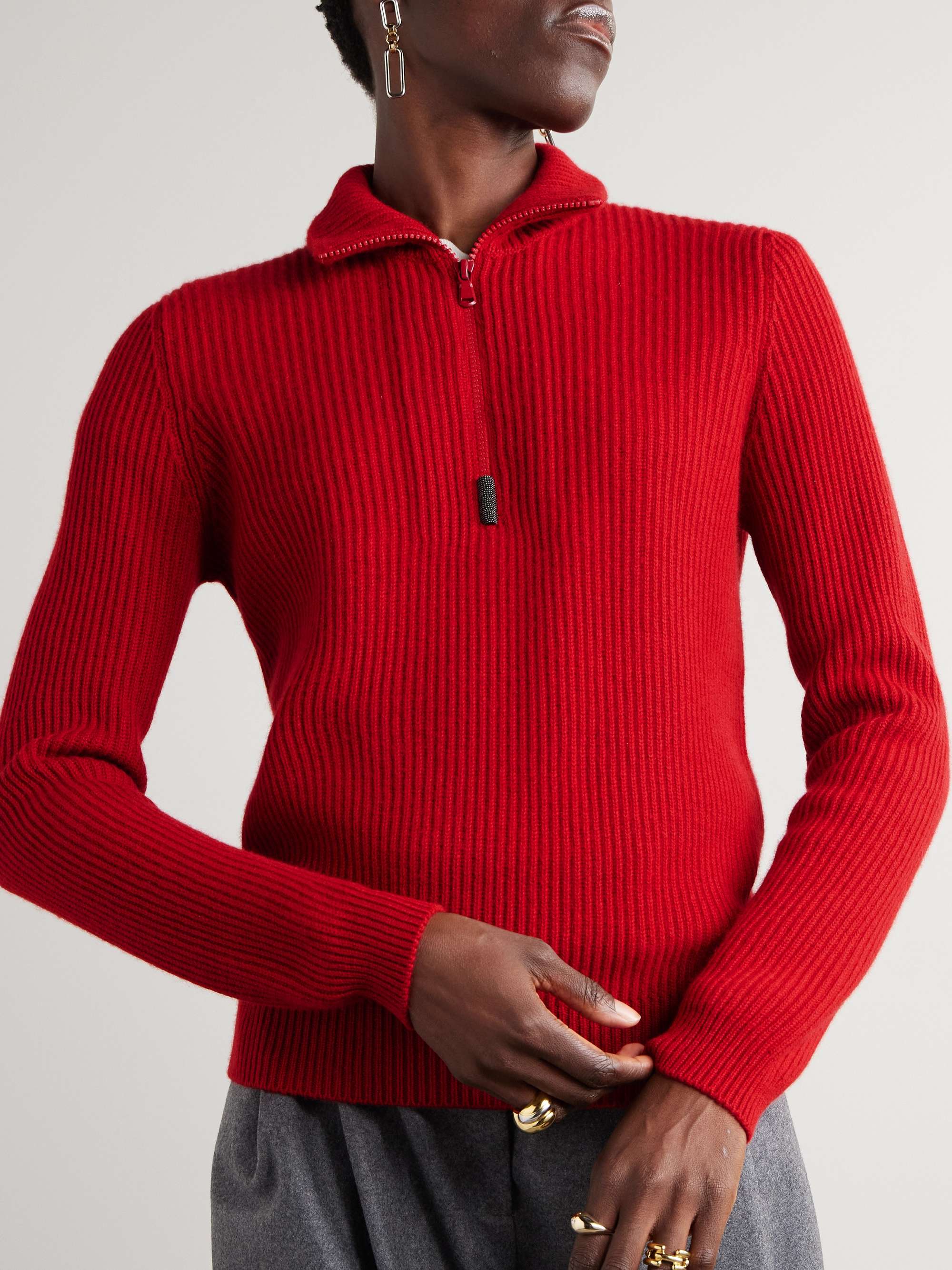 Bead-embellished turtleneck ribbed cashmere polo sweater view