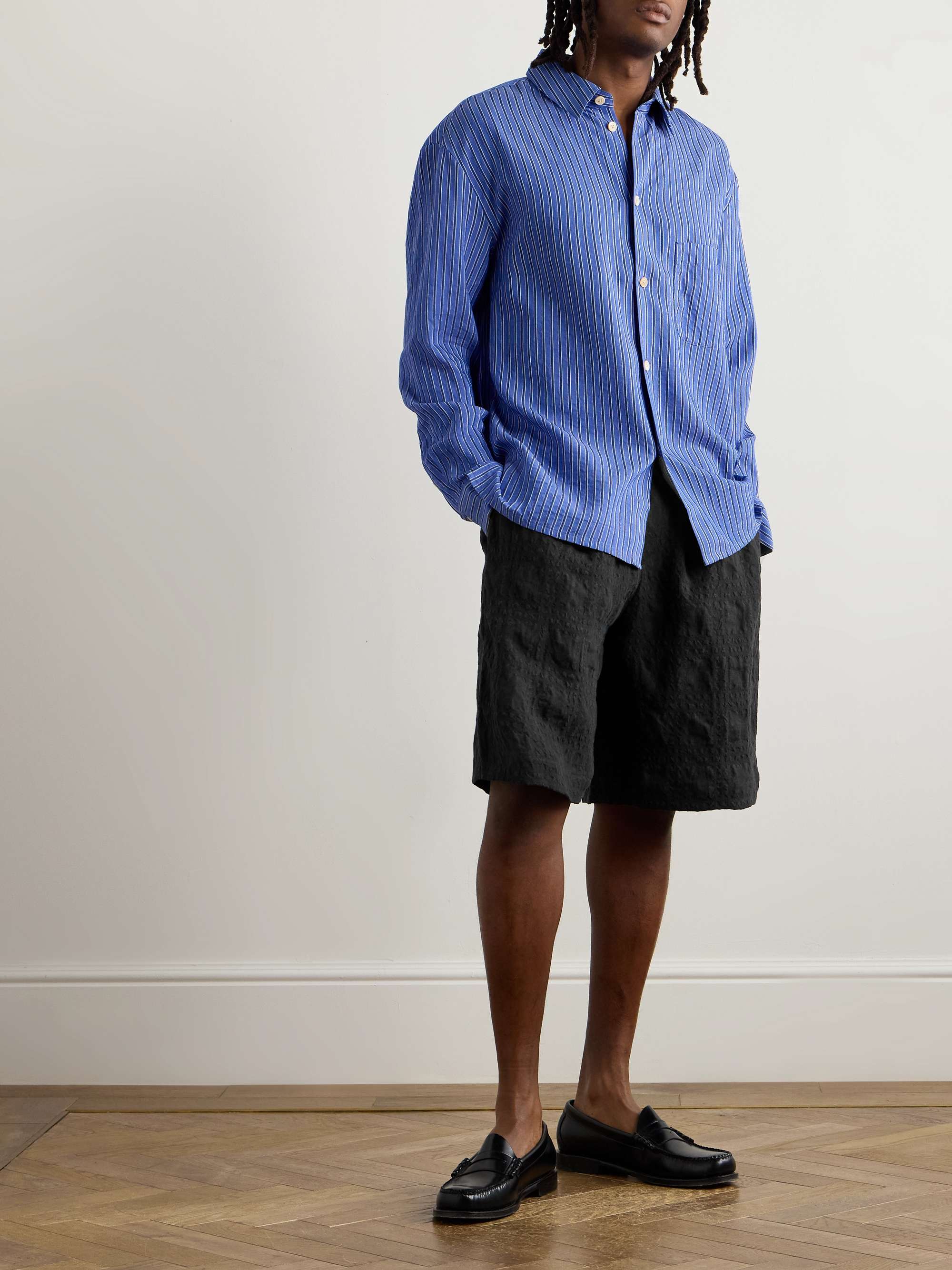 Saleh Wide-Leg Checked Linen and Lyocell-Blend Seersucker Shorts view