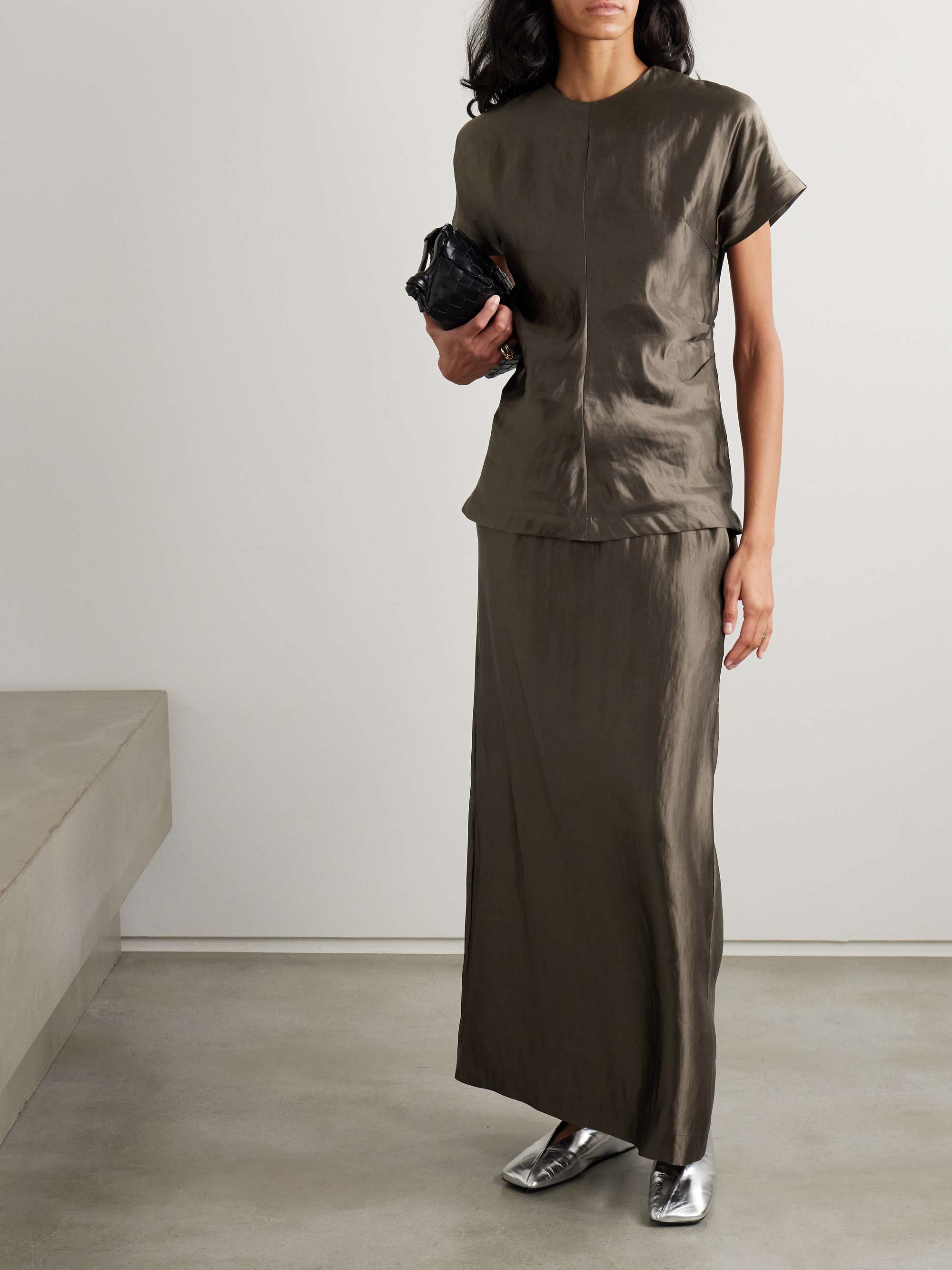 Liam linen and silk-blend satin drawstring skirt view