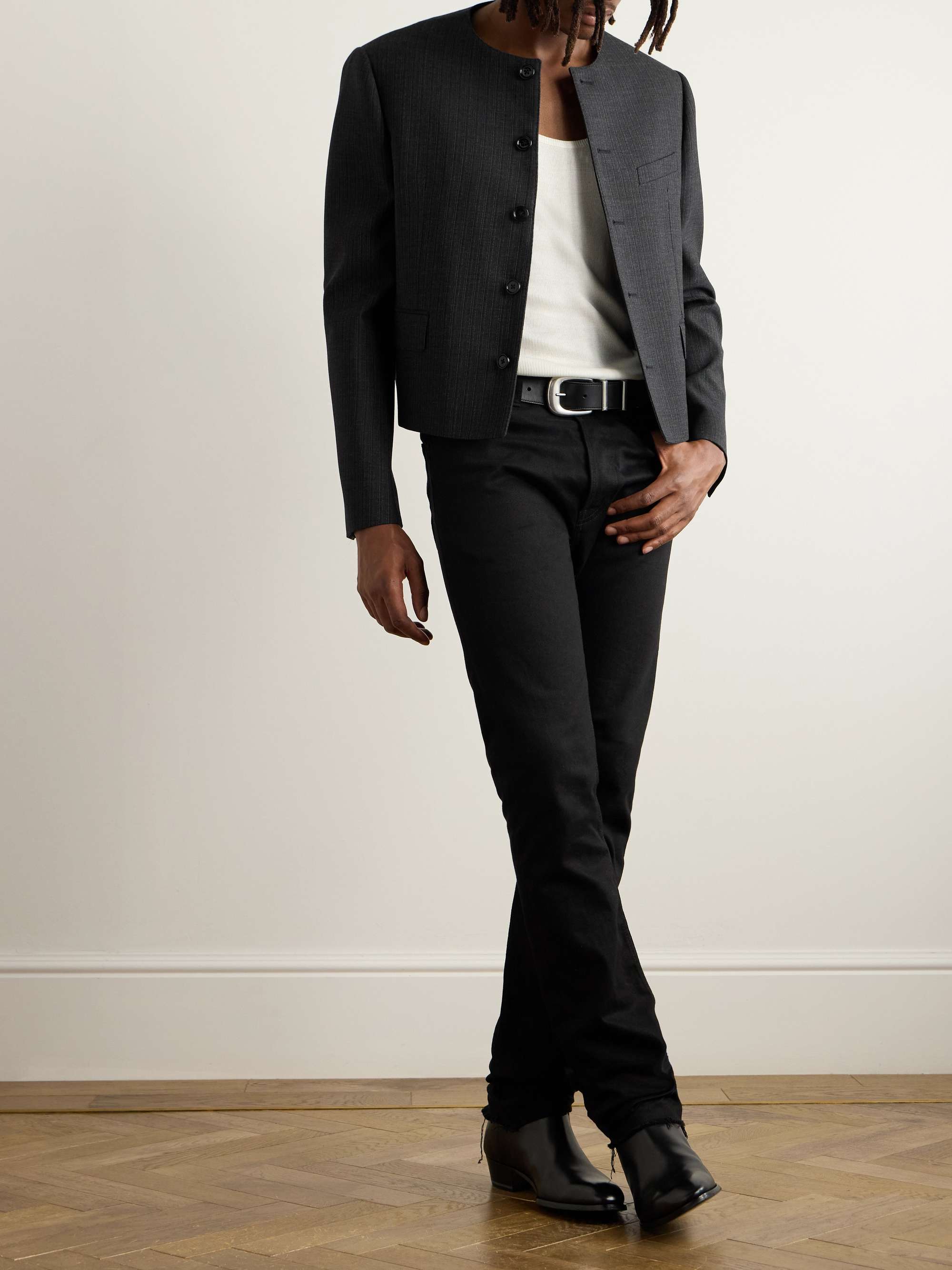 Pinstriped Wool and Silk-Blend Gabardine Blazer view