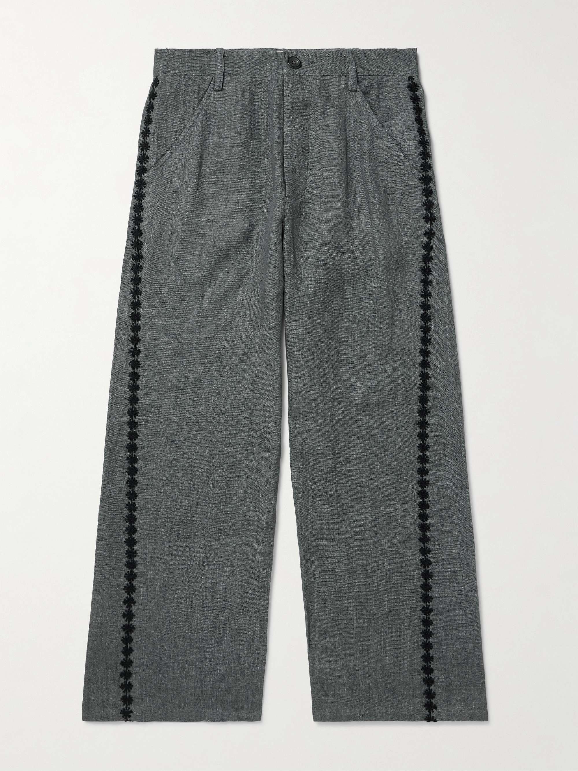 Embroidered Linen Wide-Leg Trousers view