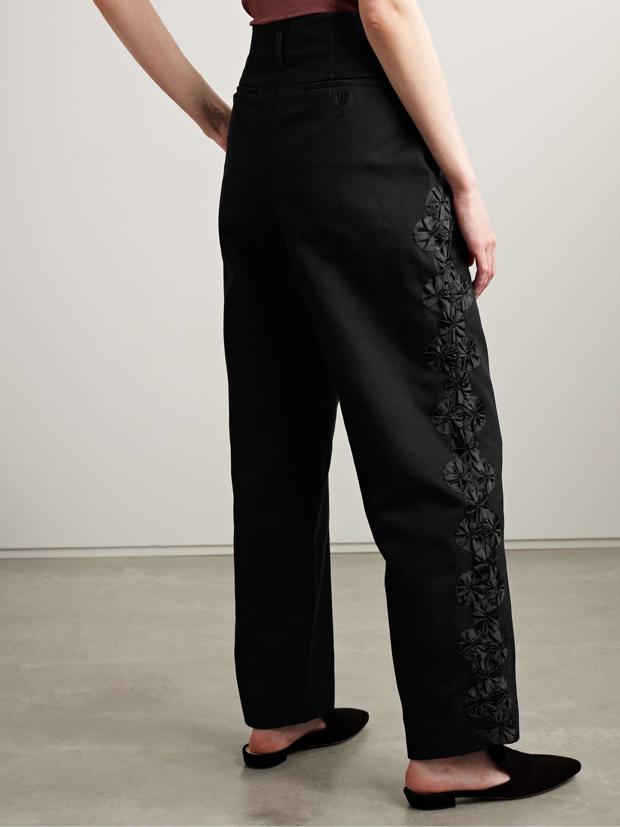 Ribbon Garland satin-trimmed pleated cotton-twill wide-leg pants view