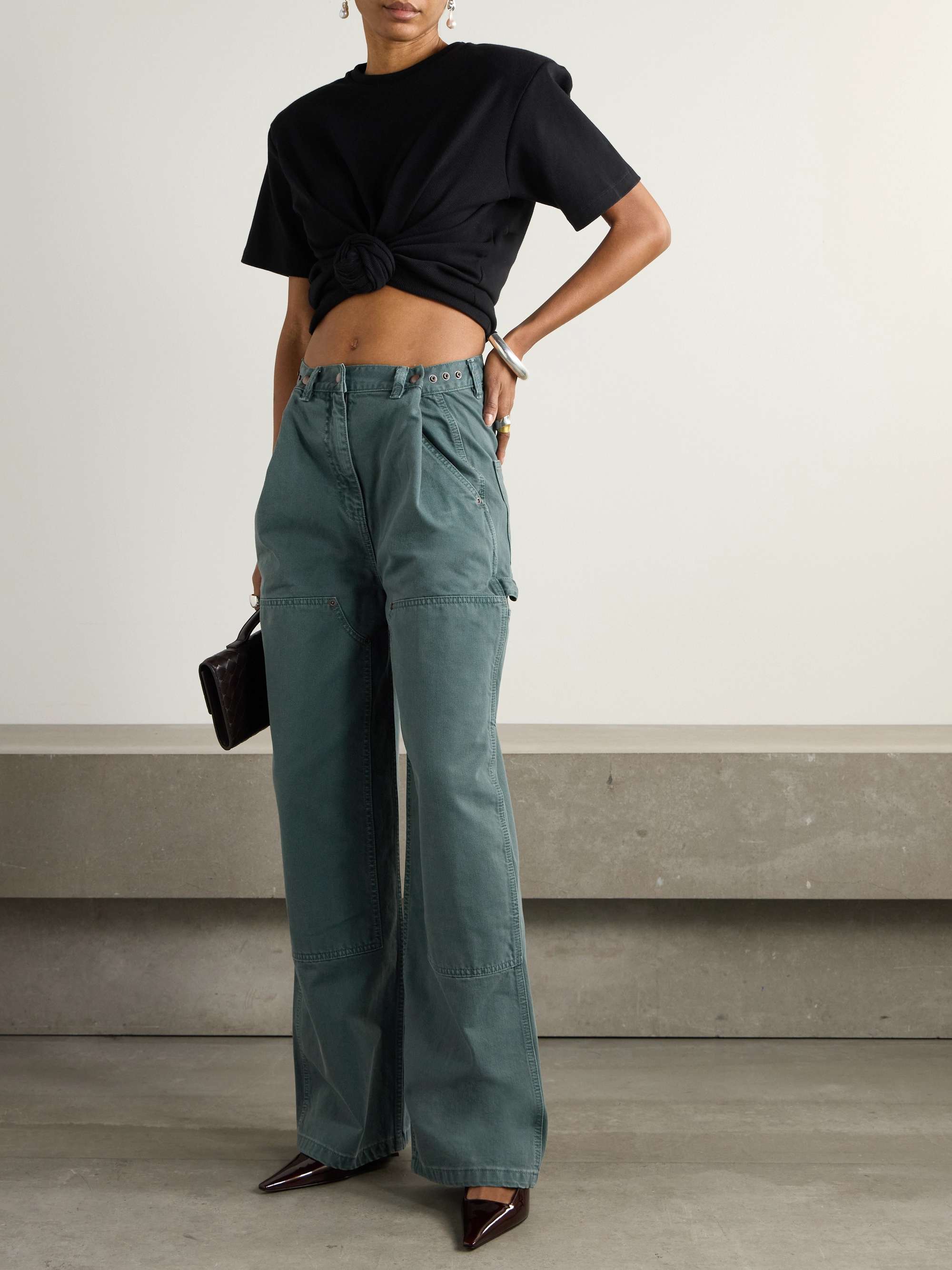 Twist-front ribbed cotton-blend jersey T-shirt view