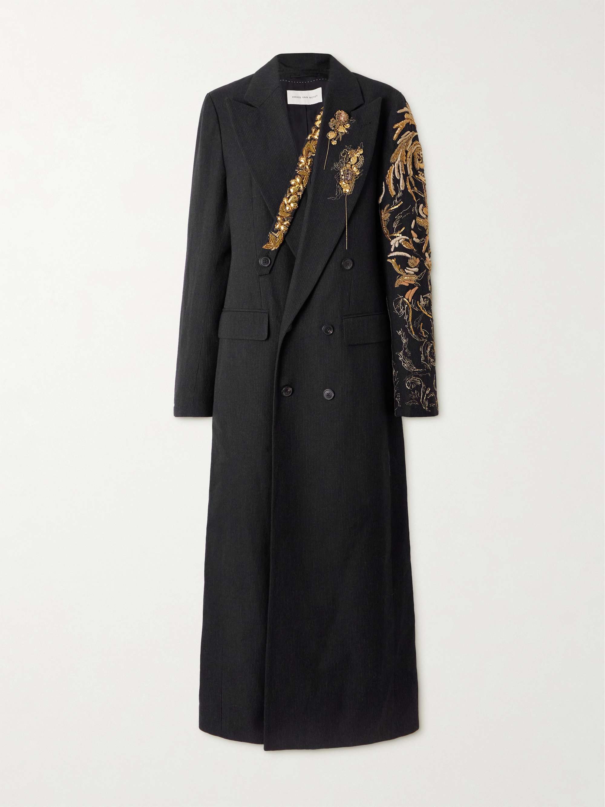 Double-breasted embellished striped wool and linen-blend coat view