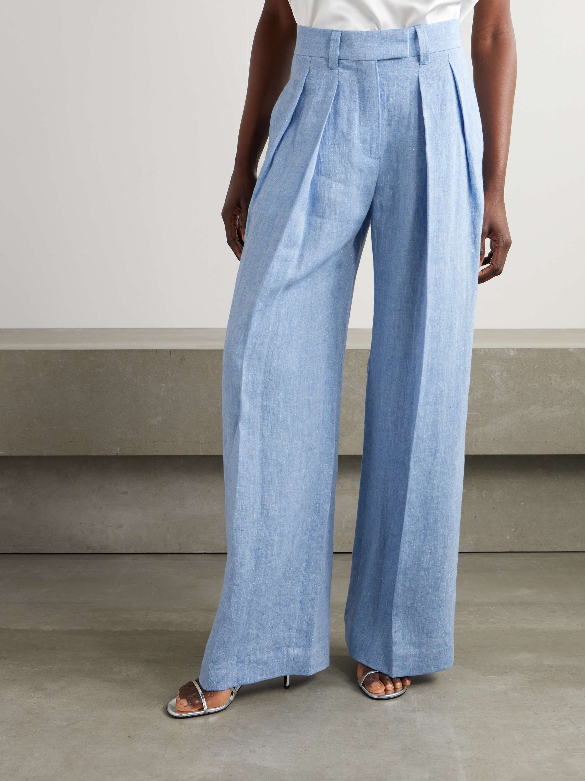 Pleated linen-blend wide-leg pants view