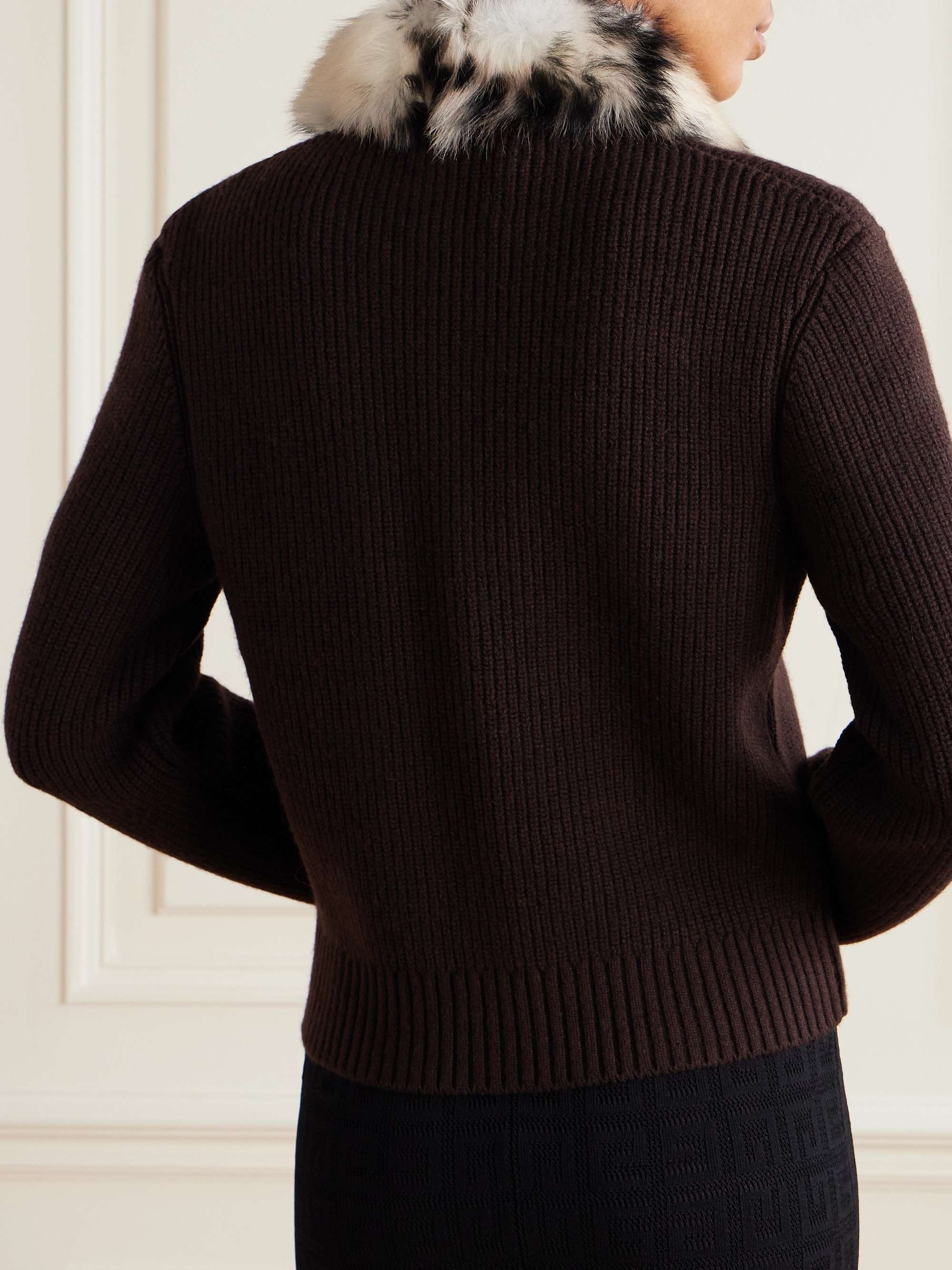 Cheetah-print shearling-trimmed ribbed wool-blend cardigan view