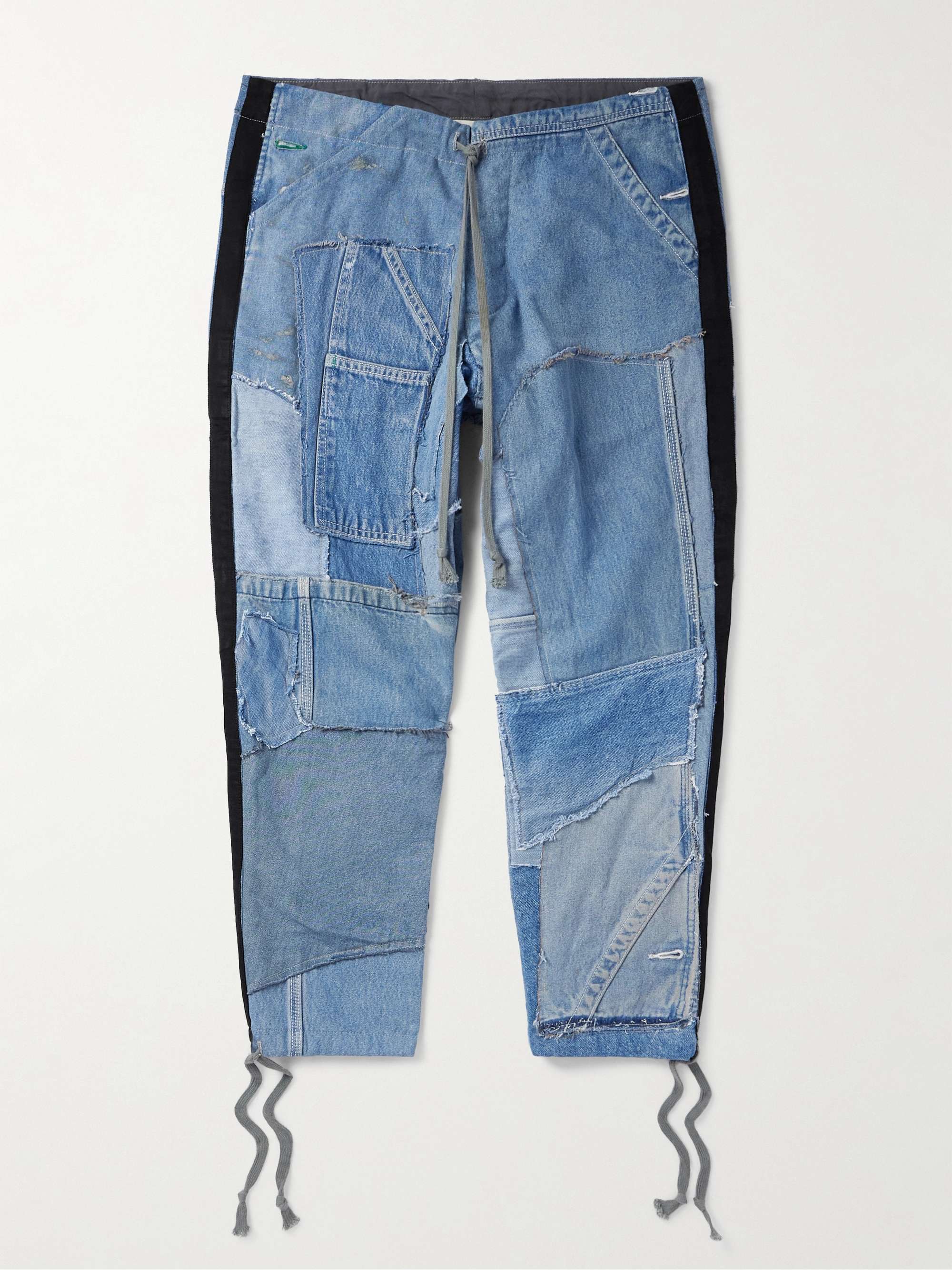 Tapered Cropped Frayed Patchwork Drawstring Jeans view