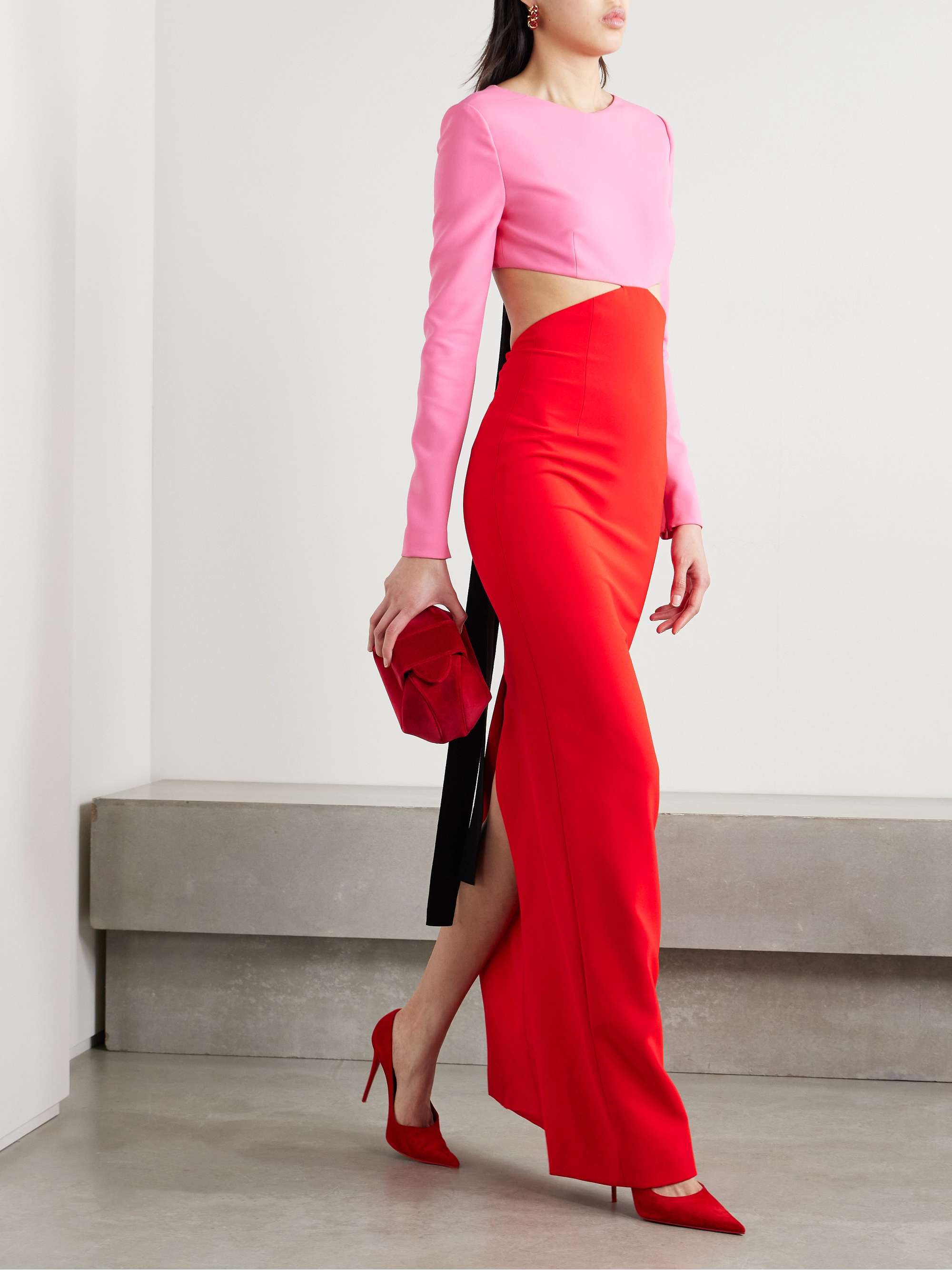 Cutout bow-embellished two-tone crepe gown view