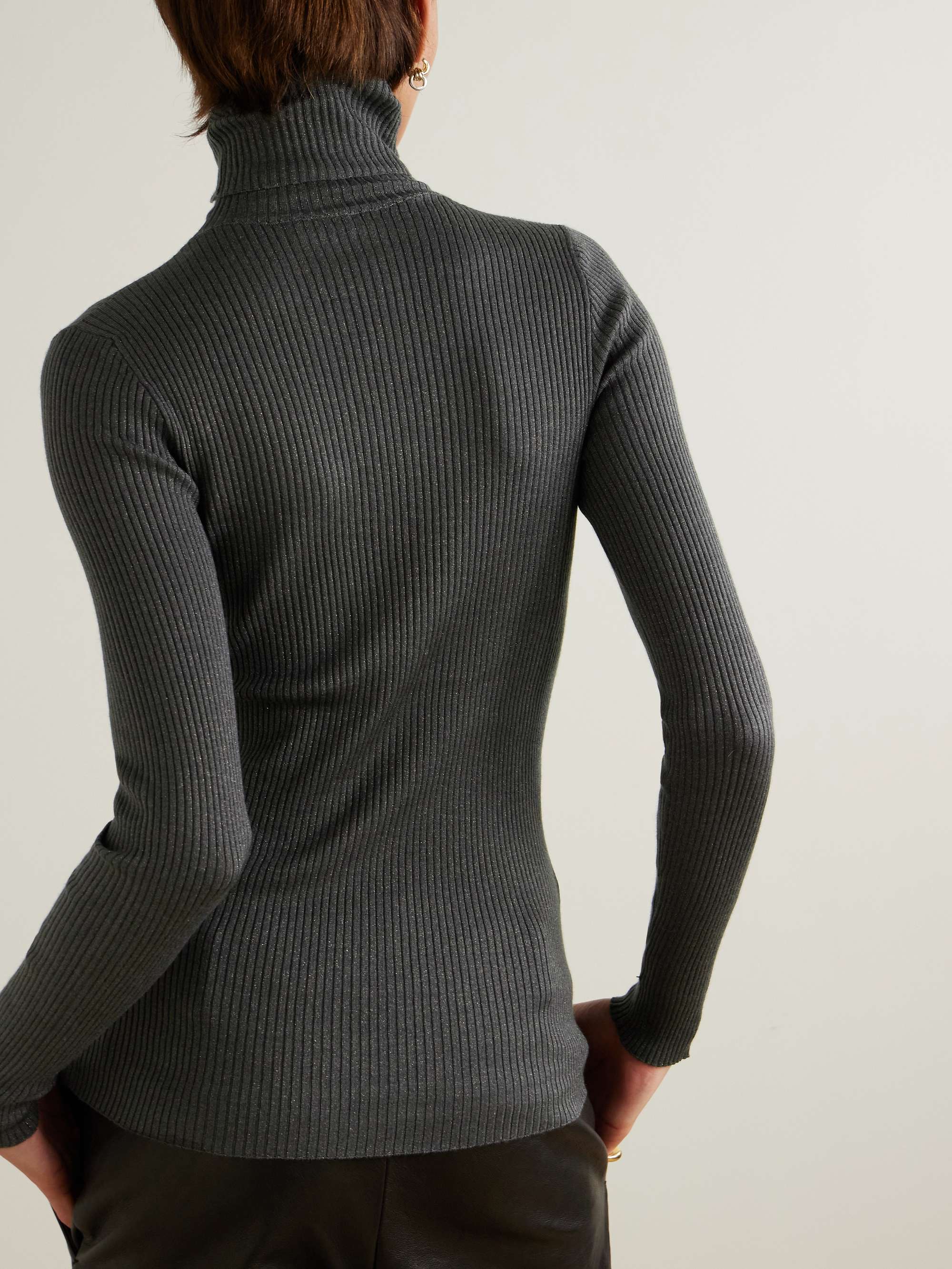Ribbed metallic cashmere-blend turtleneck sweater view