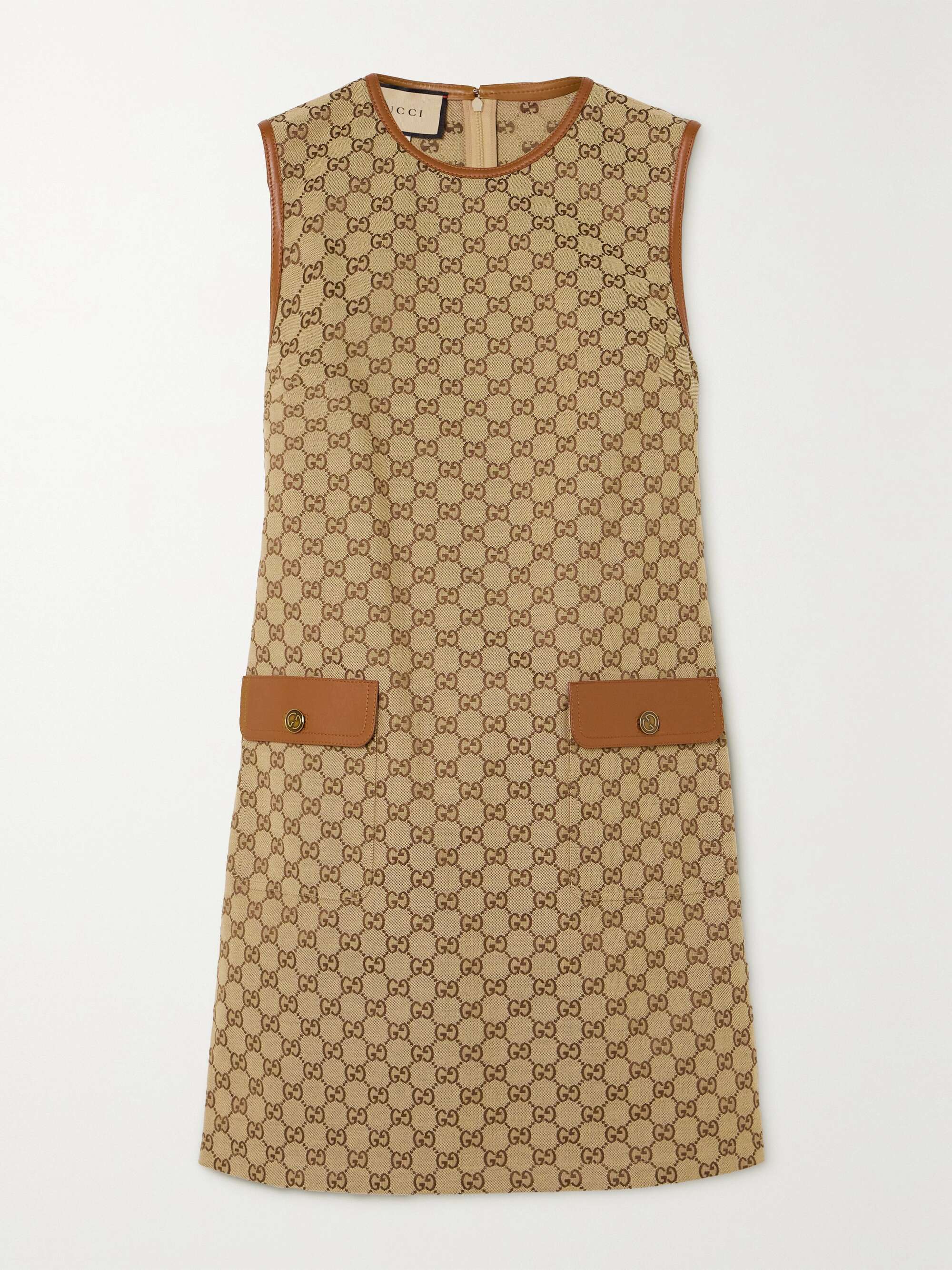 Leather-trimmed cotton-blend canvas-jacquard mini dress view