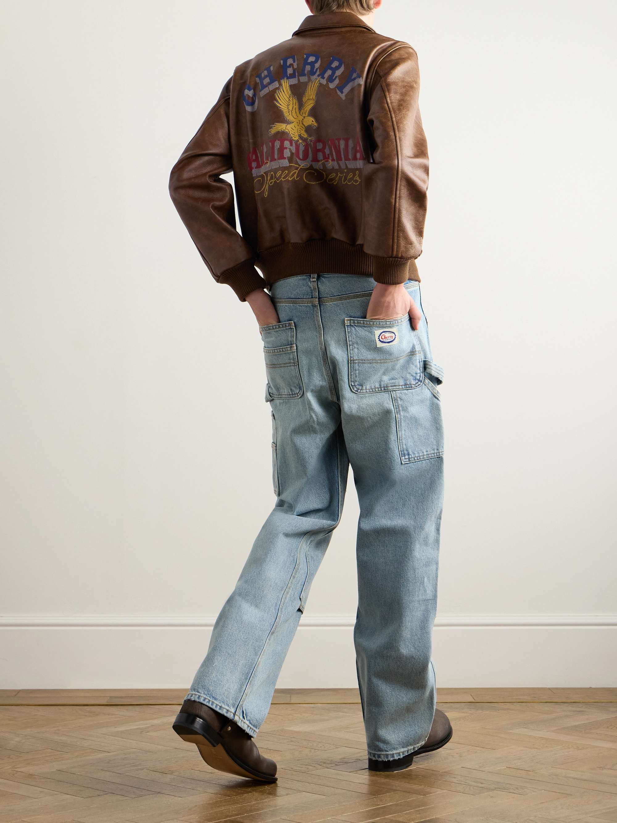 Oversized Logo-Print Leather Bomber Jacket view
