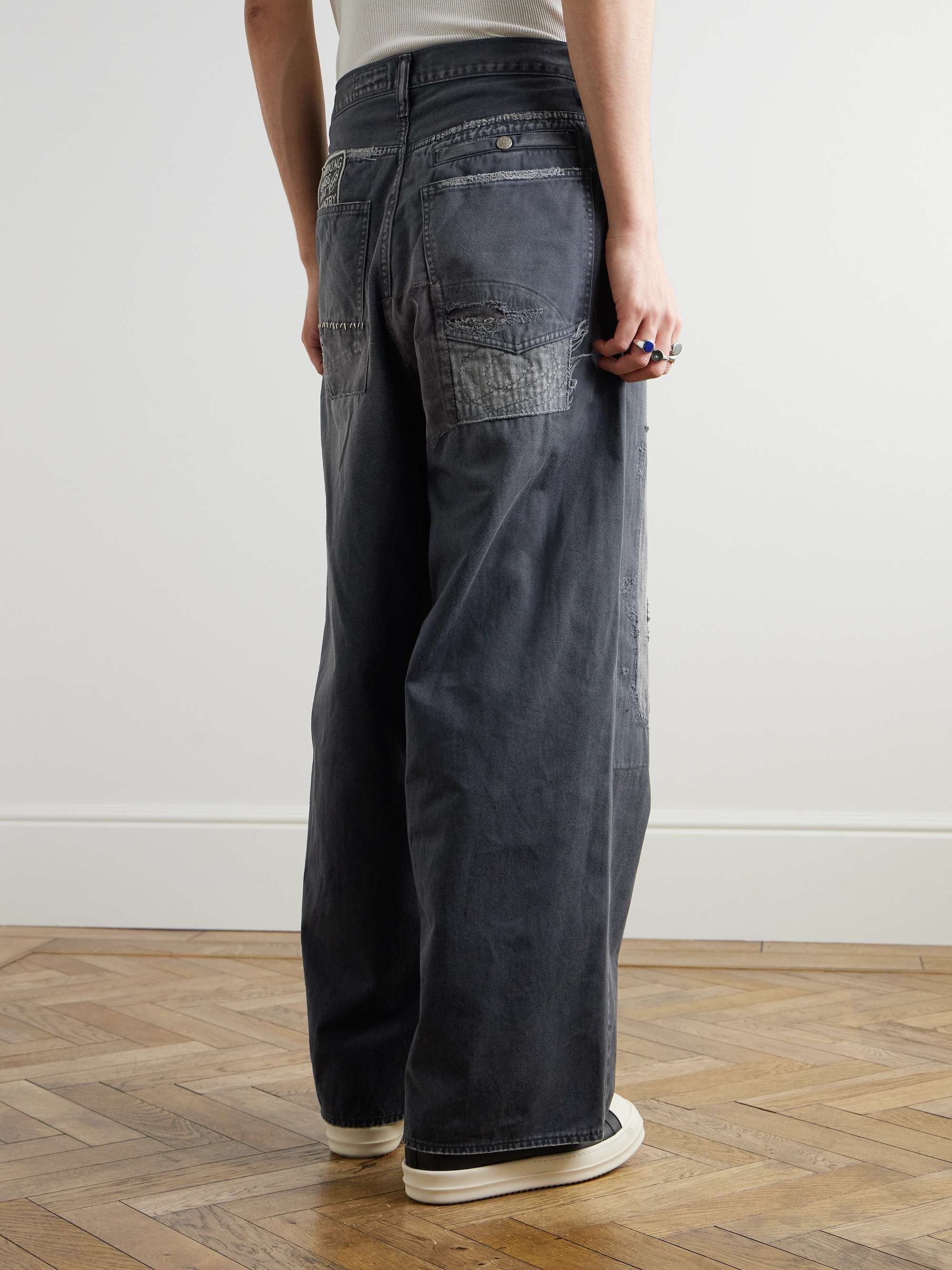Katsuragi Port Straight-Leg Patchwork Distressed Cotton-Twill Trousers view