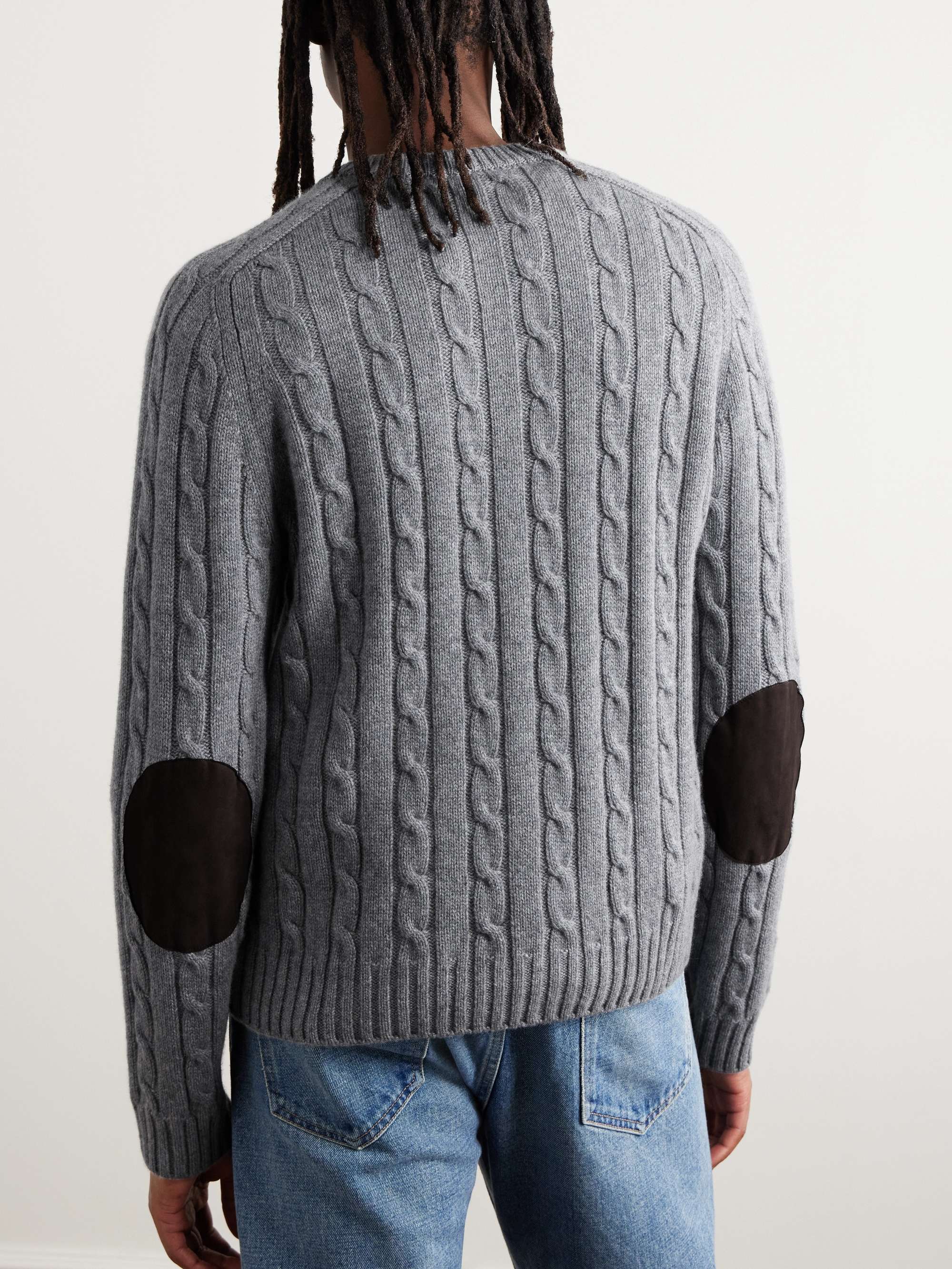 Suede-Trimmed Cable-Knit Cashmere Sweater view