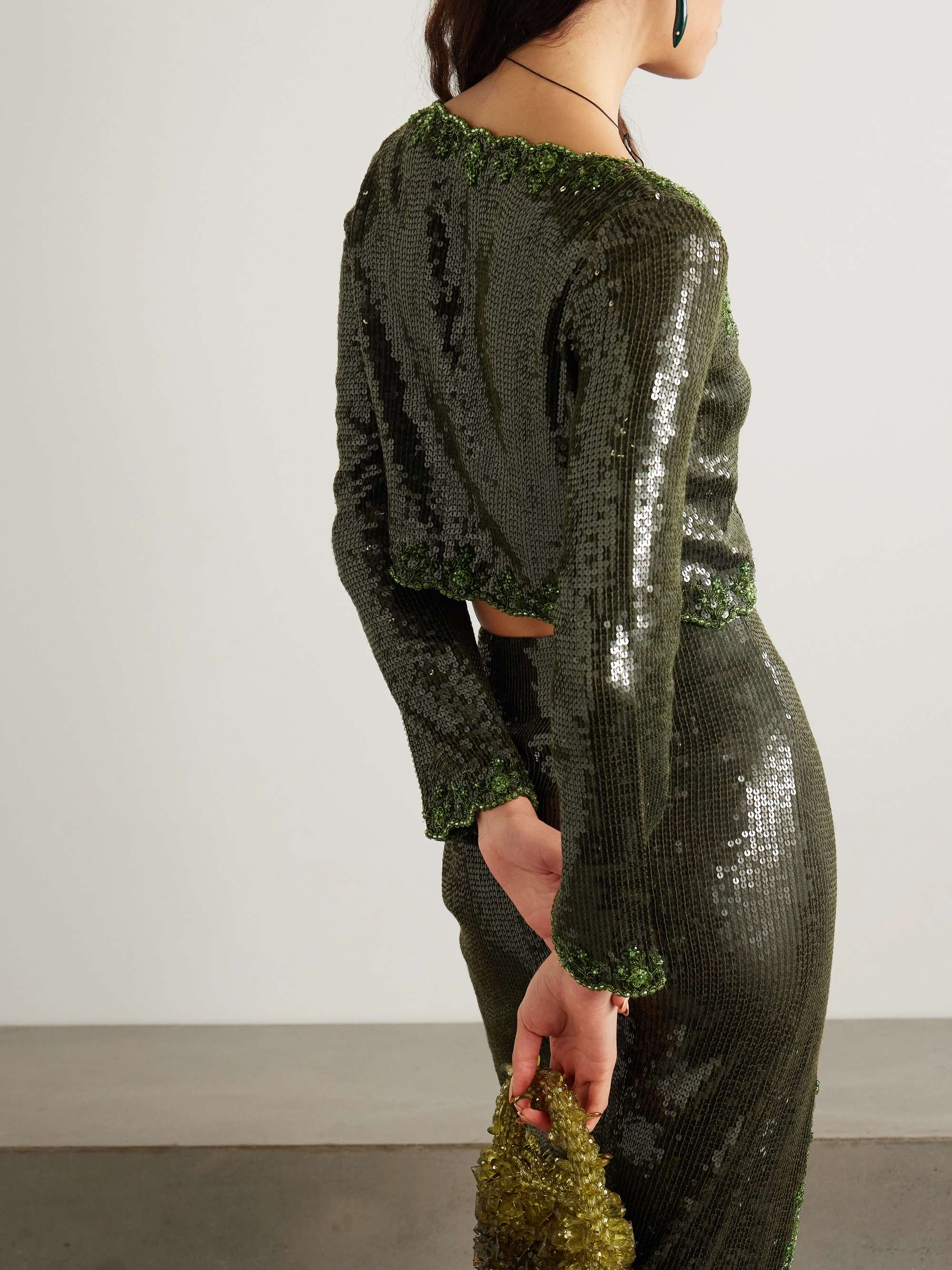 Olivine cropped scalloped embellished crepe top view