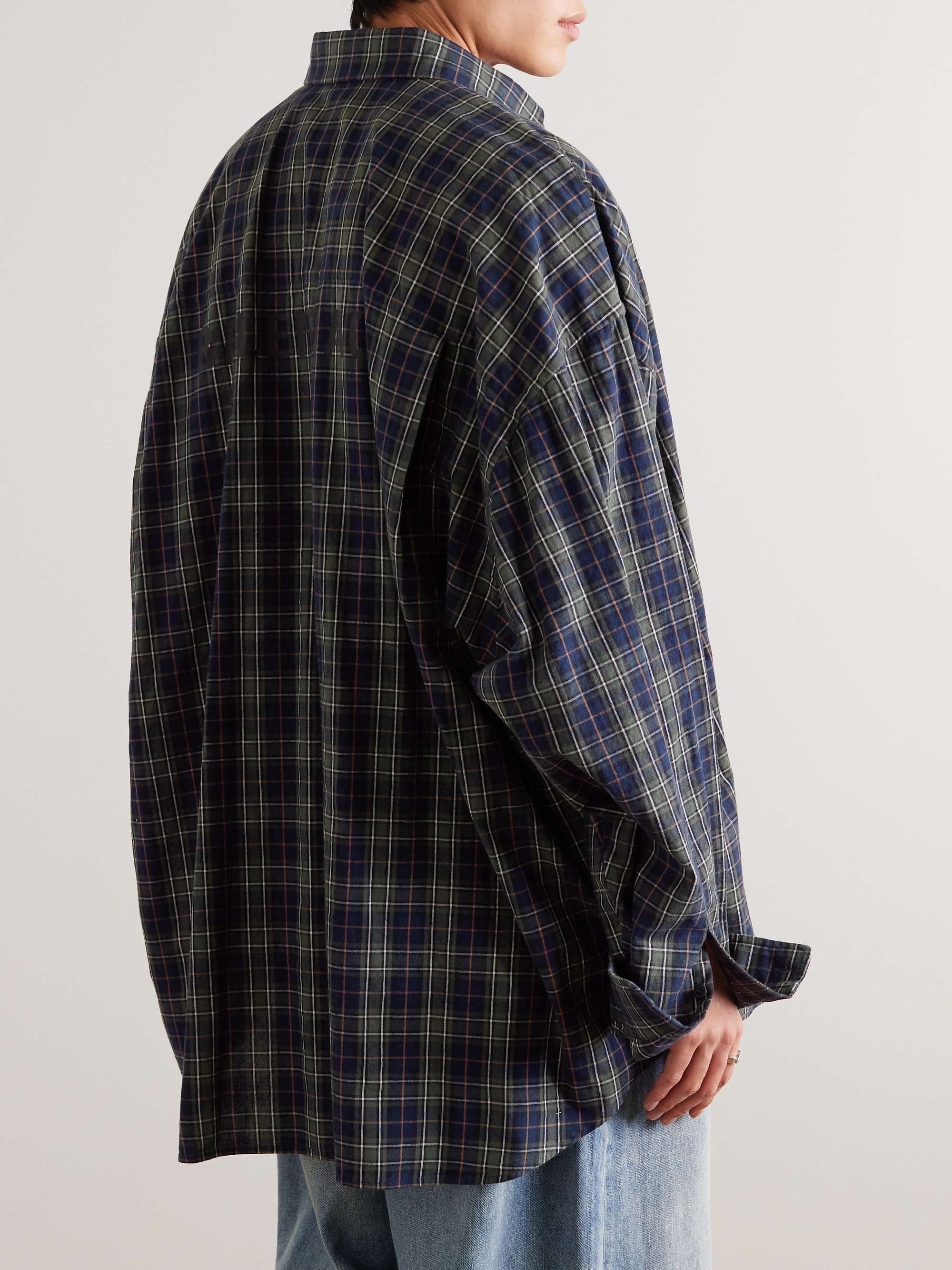 Oversized Button-Down Collar Logo-Print Checked Cotton-Flannel Shirt view
