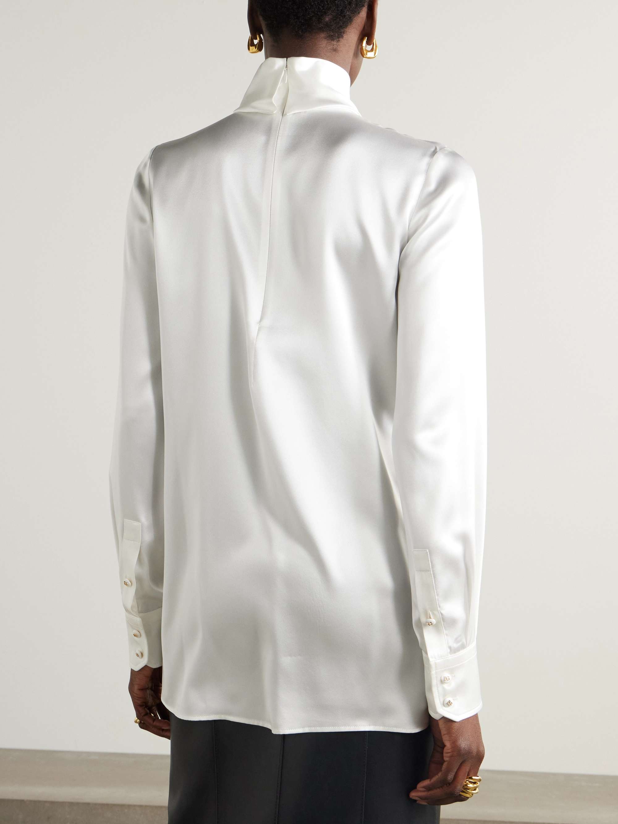 Lace-trimmed silk-blend satin turtleneck blouse view