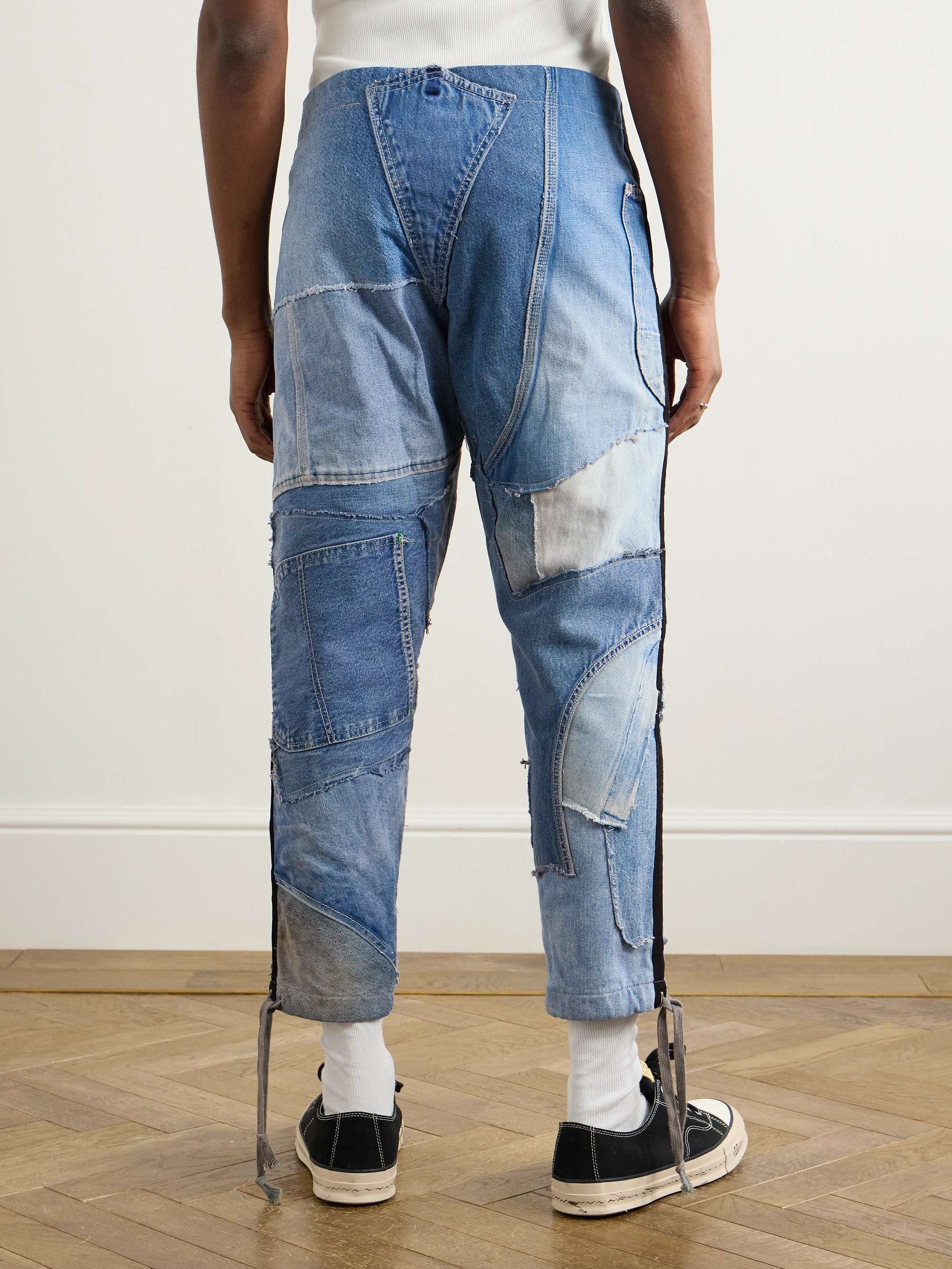 Tapered Cropped Frayed Patchwork Drawstring Jeans view