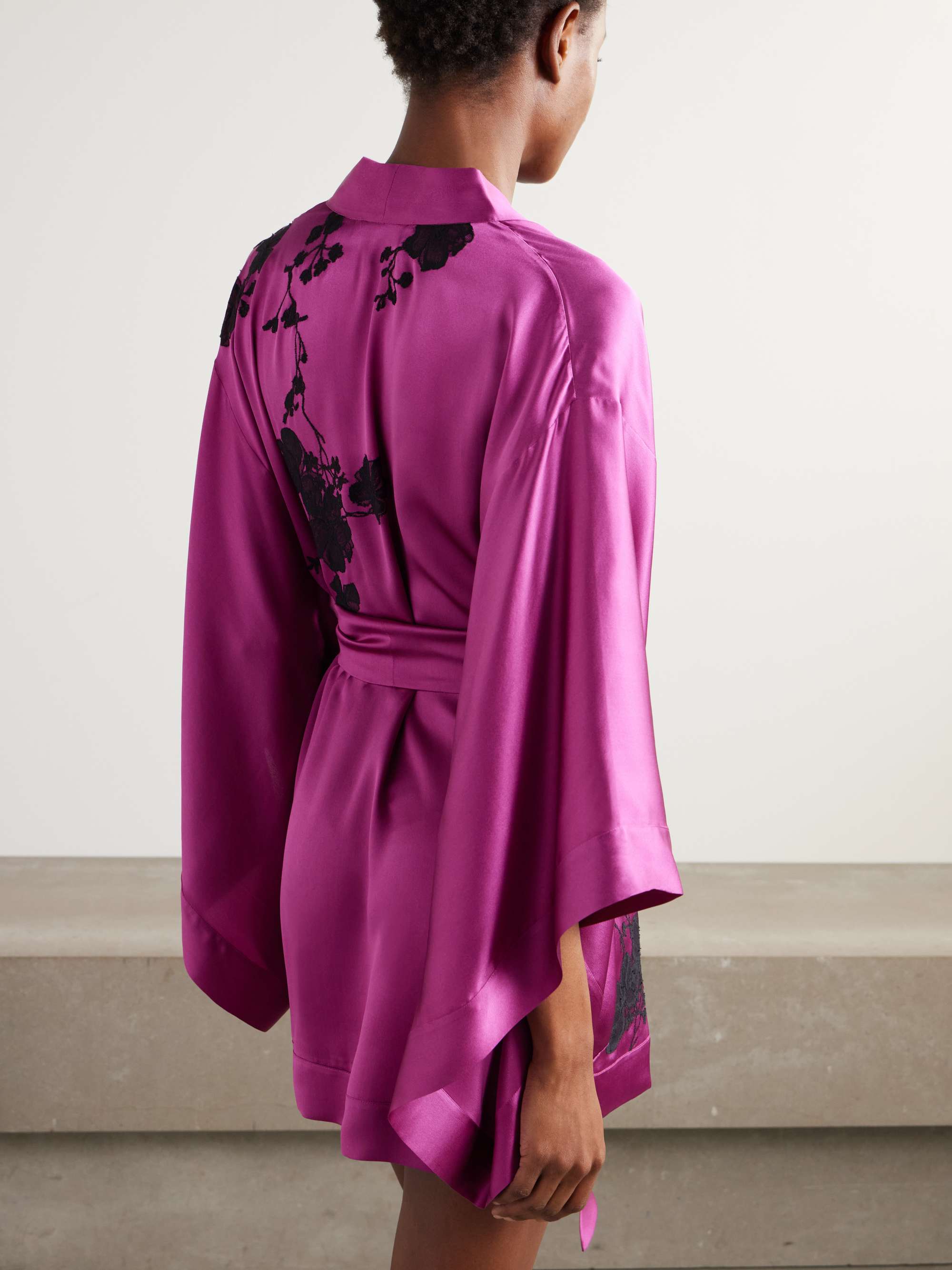 Belted lace-trimmed silk-satin robe view