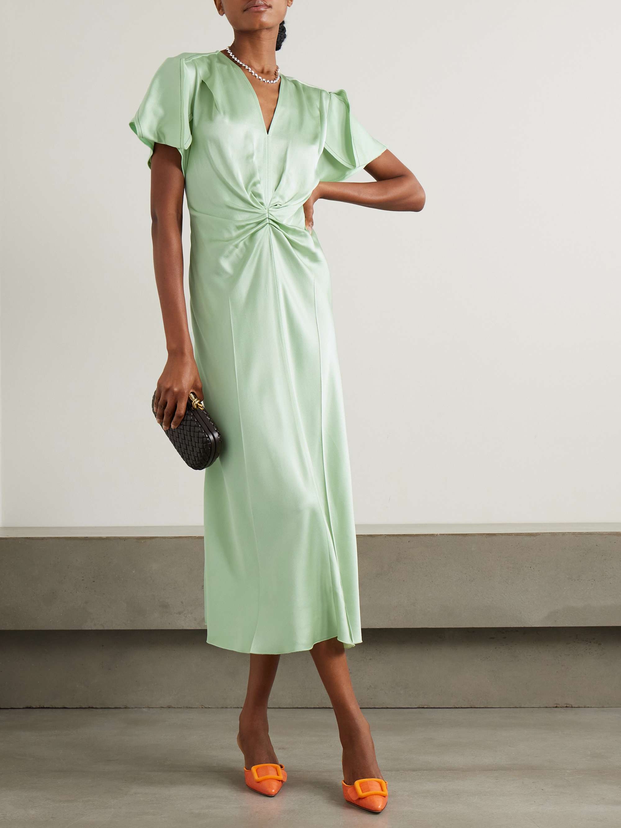 Gathered satin midi dress view