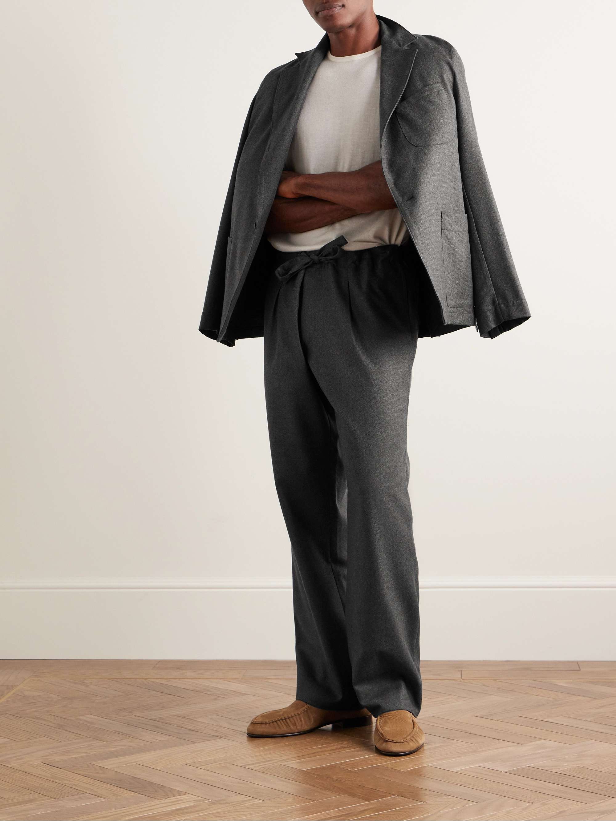 Straight-Leg Pleated Wool-Flannel Drawstring Trousers view