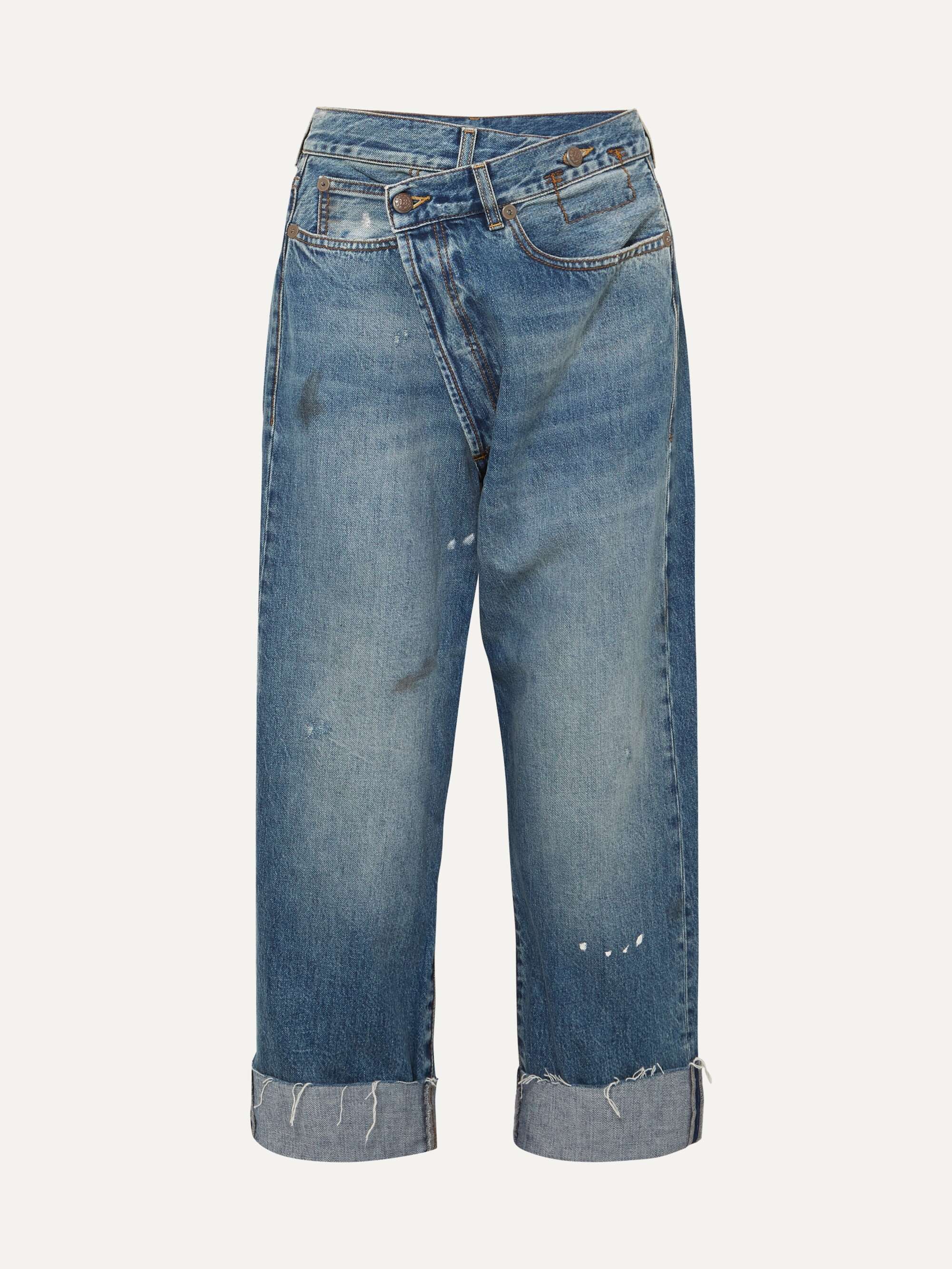 Crossover asymmetric distressed high-rise wide-leg jeans view
