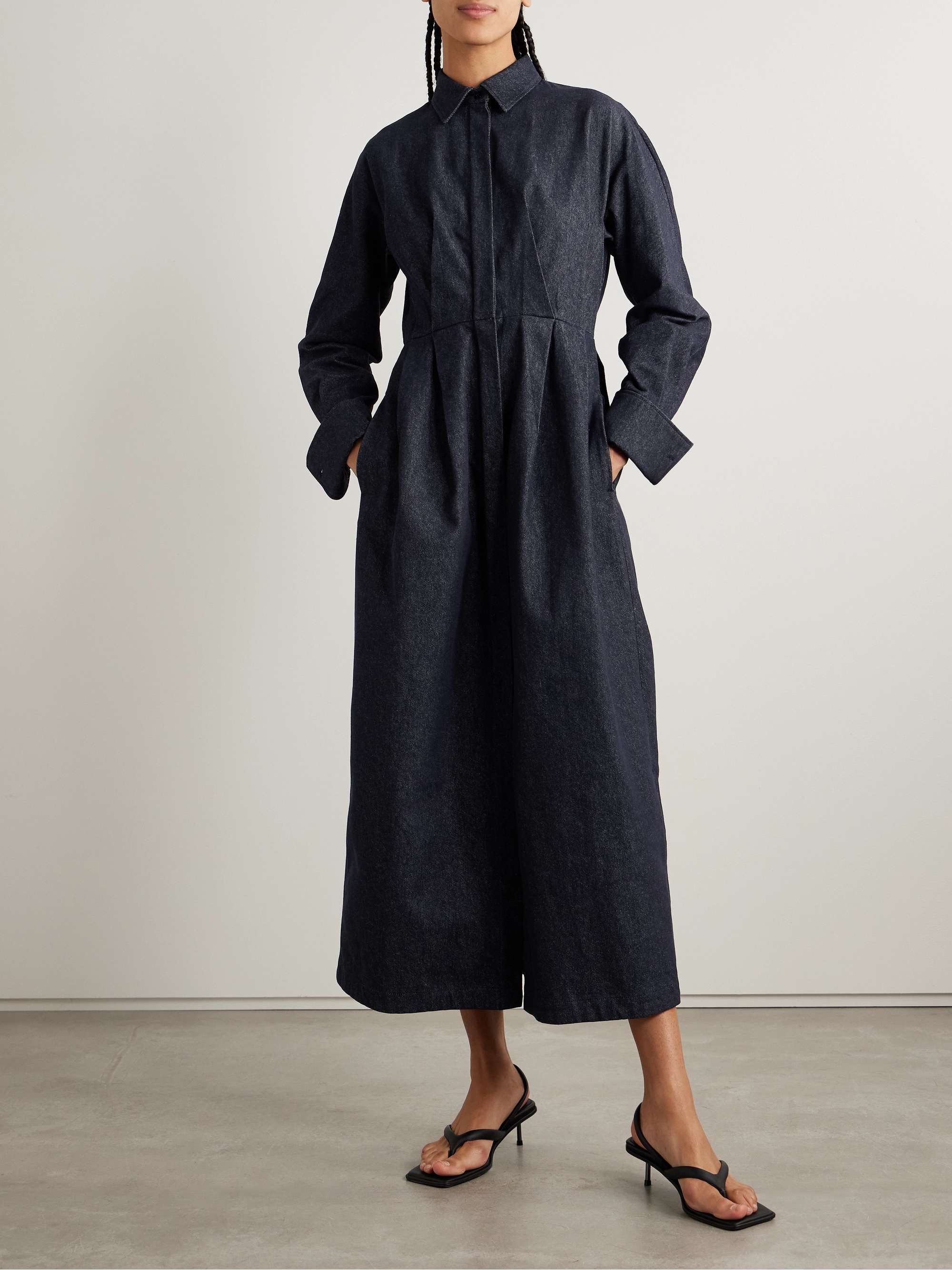 Belted pleated denim midi shirt dress view