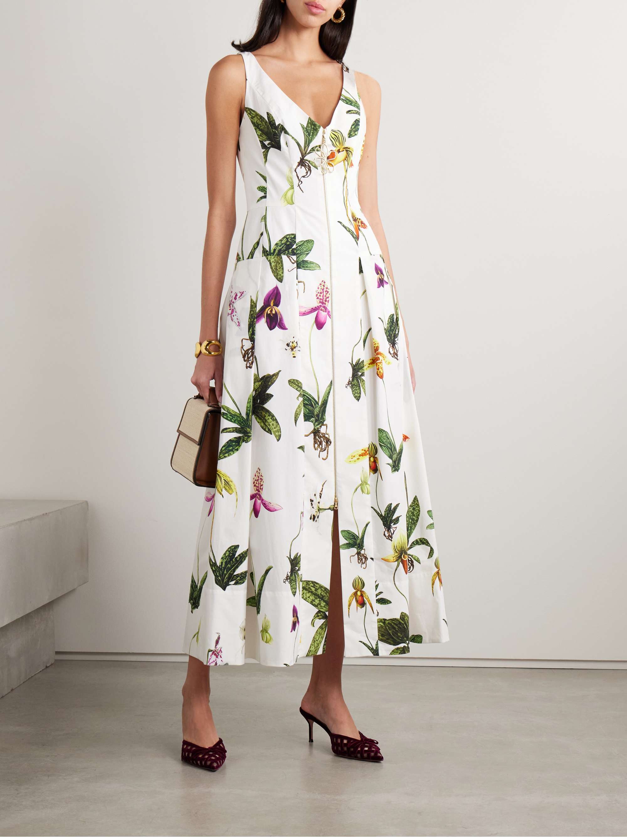 Pleated floral-print cotton-blend poplin midi dress view