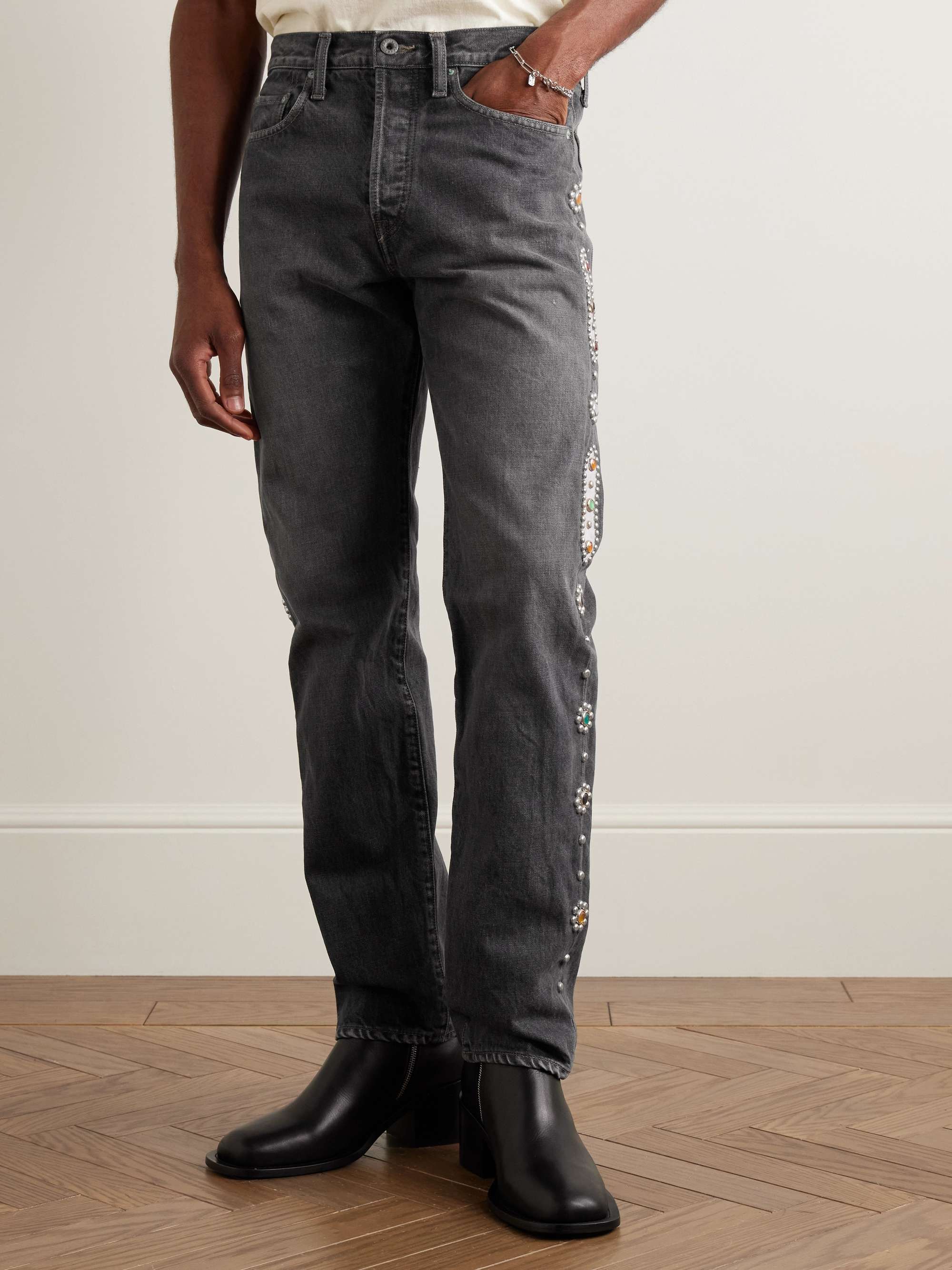 Monkey CISCO Straight-Leg Embellished Leather-Trimmed Jeans view