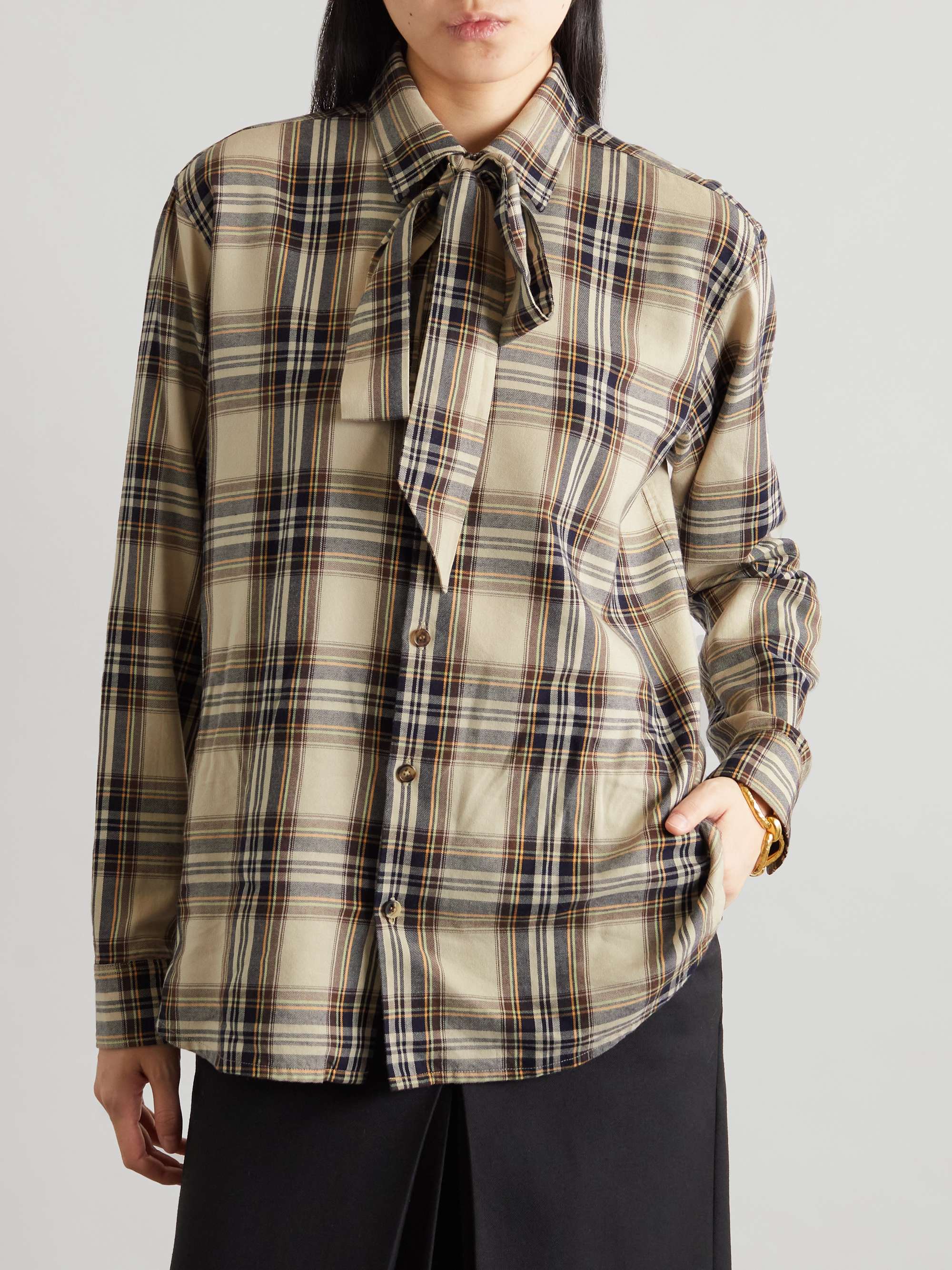Pussy-bow checked cotton-blend shirt view