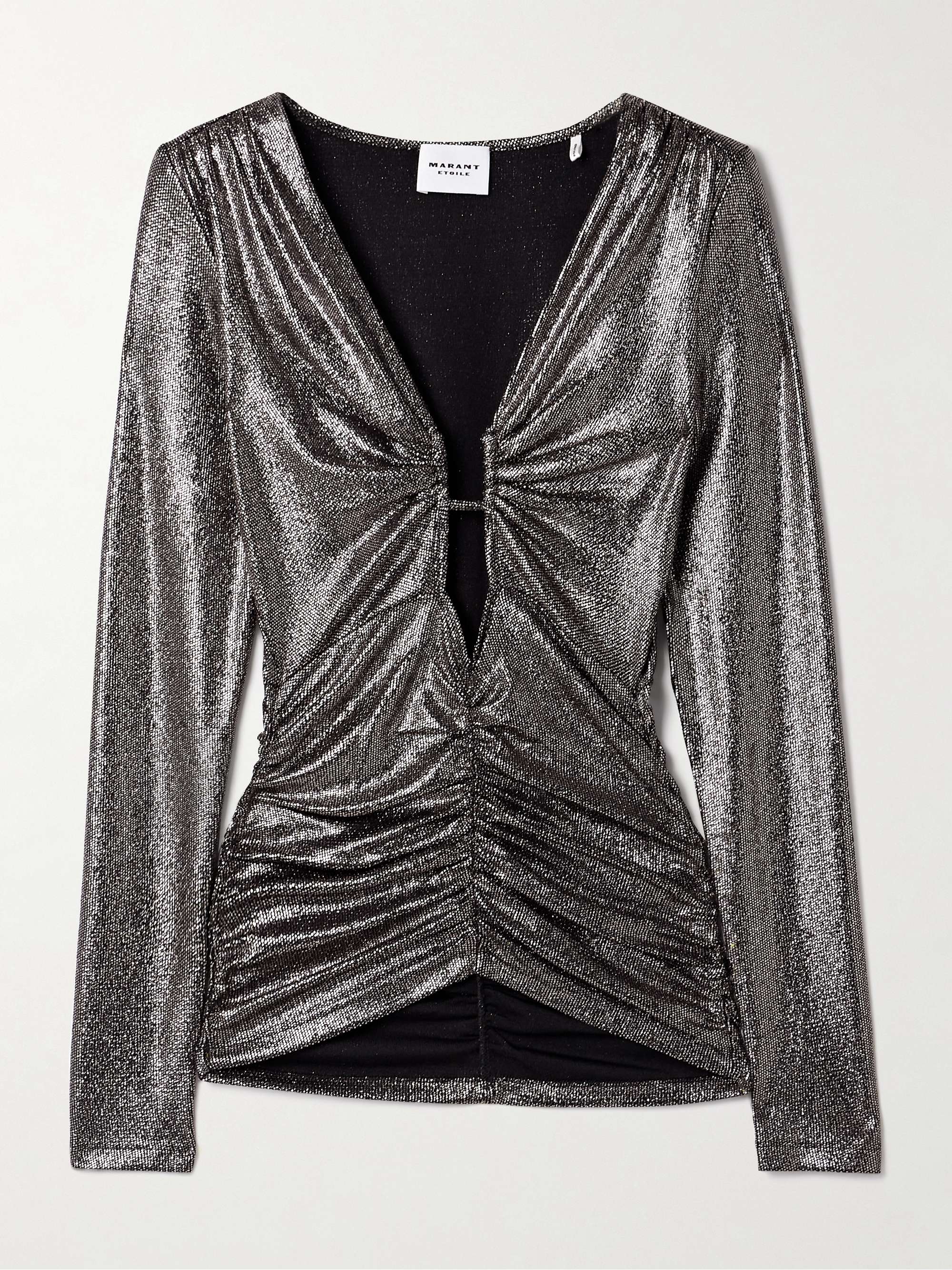 Buffy cutout ruched metallic stretch-jersey top view